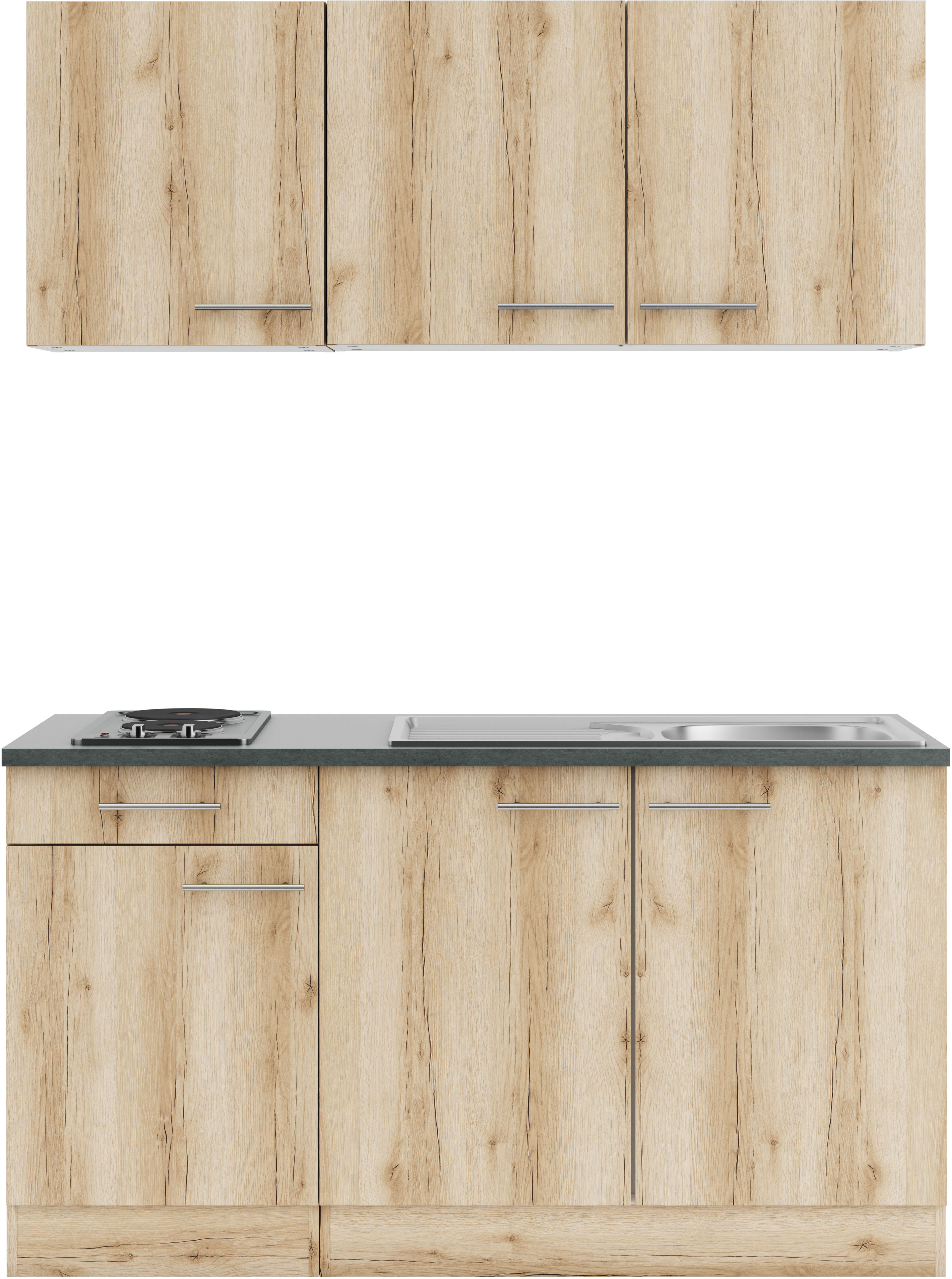 Pantryküche OPTIFIT "Bella", beige (küche: natur, front: wildeiche, korpus: wildeichefarben, arbeitsplatte: anthrazit), B:150cm T:60cm, Komplettküchen-Sets, Breite 150 cm, wahlweise mit Kochfeld oder Unterbaukühlschrank Image