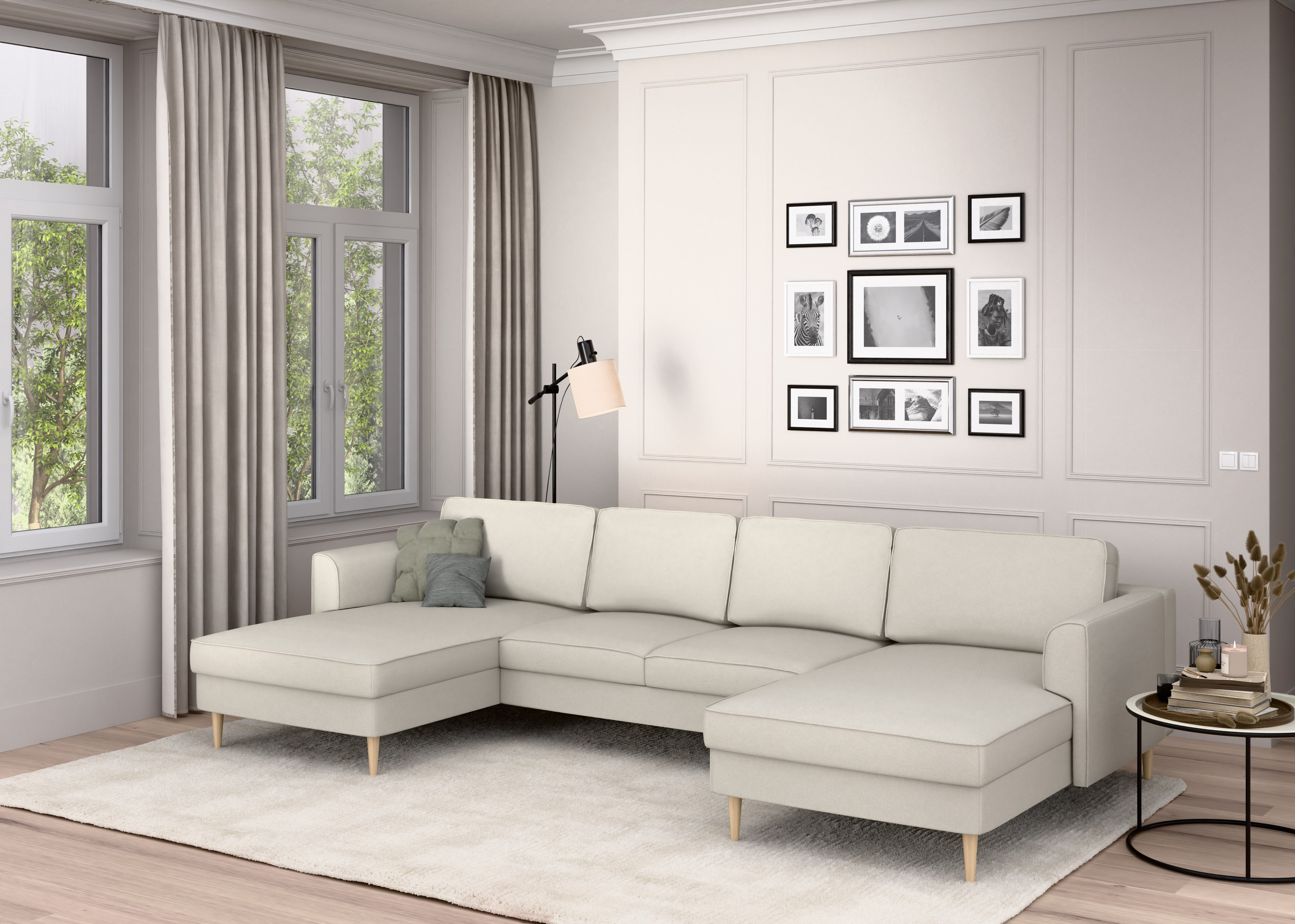 Wohnlandschaft HOME AFFAIRE "Booster, whlw. mit Schlaffunktion & Bettkasten, Fuß Buche lackiert", grau (sandgrau), B:305cm H:83cm T:161cm, 100% Polyester, Sofas, Sofa in U-Form, Breite 305 cm