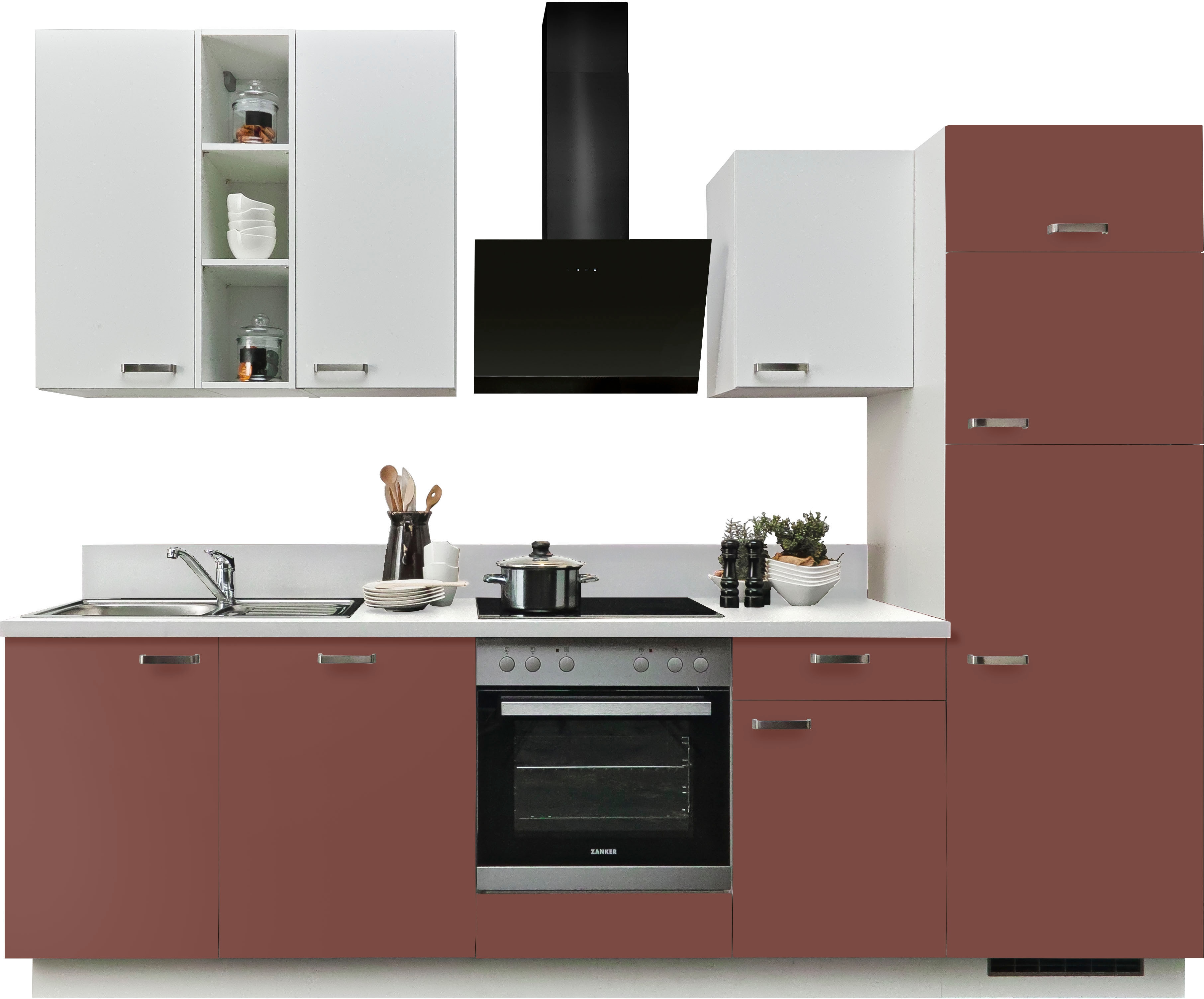 Küche KOCHSTATION "KS-Bari", wahlw. mit E-Geräten & Geschirrspüler", weiß (küche: weiß, korpus: weiß, arbeitsplatte: weiß steinstruktur), B/H/T: 280cm x 60cm, ohne E-Geräte, Komplettküchen-Sets, Küchenzeile, Soft-Close-Funktion und Vollauszug,... Image
