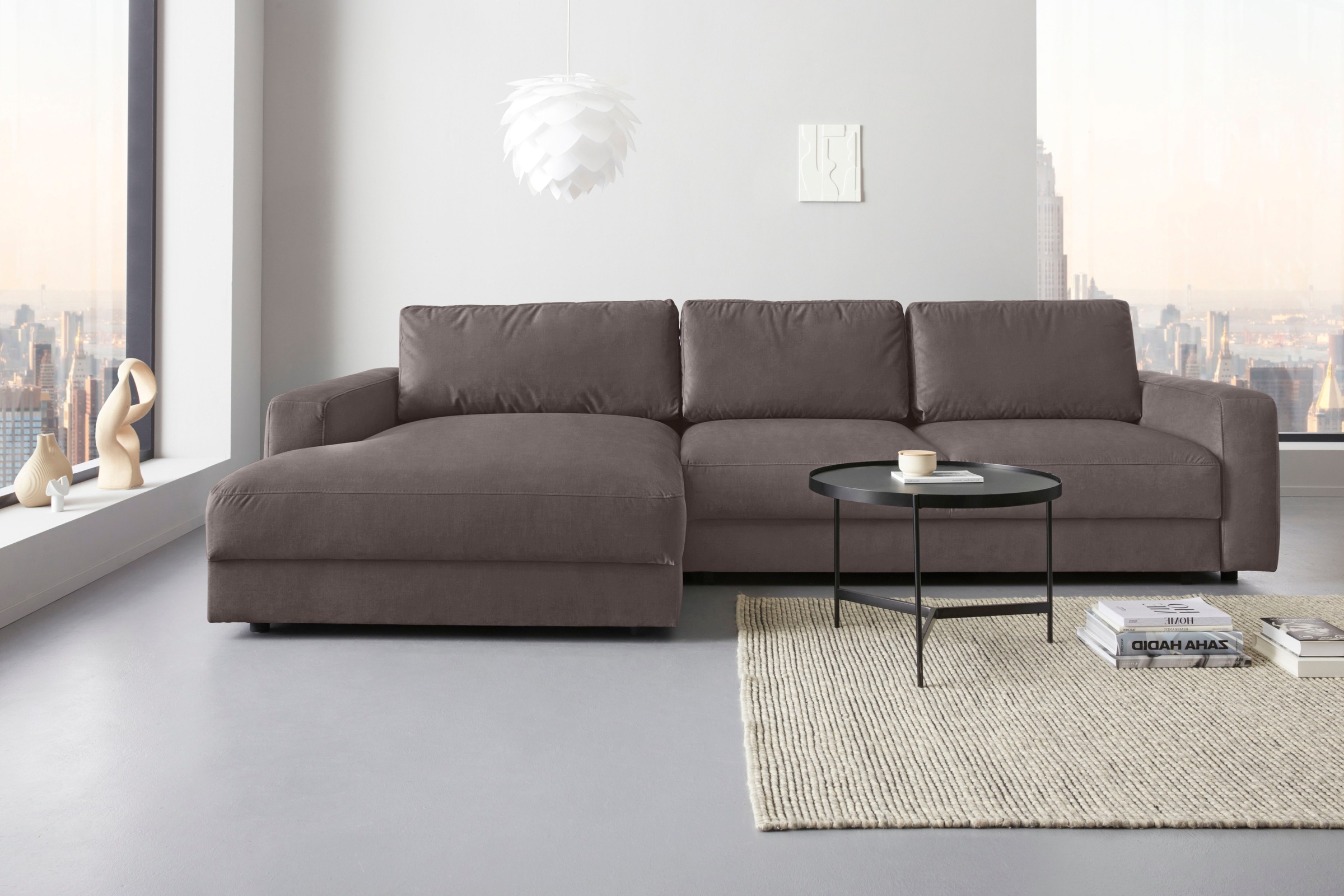 Ecksofa PLACES OF STYLE "Bloomfield, elegant, viel Platz, Mega Couch, Breite 303cm, L-Form", grau (taupe), B:303cm H:84cm T:176cm, 100% Polyester, Sofas, extra tiefe Sitzfläche, wahlweise mit Sitztiefenverstellung