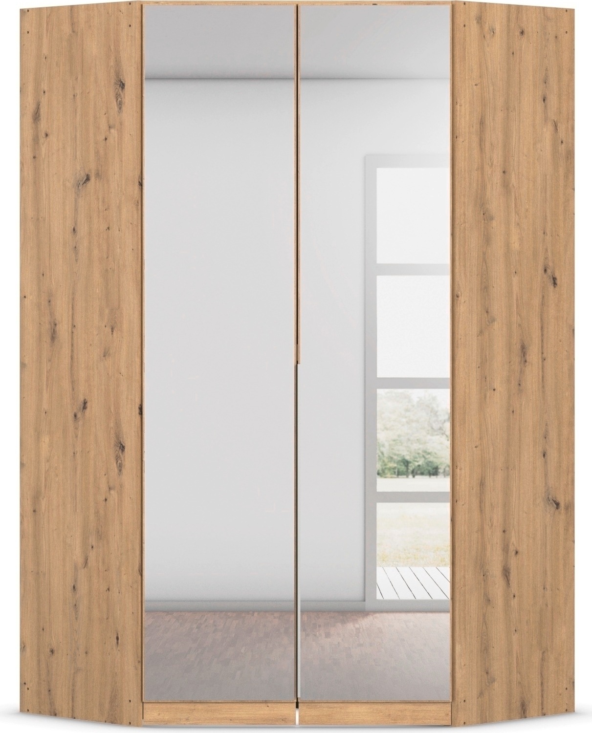 Eckkleiderschrank RAUCH "Kleiderschrank Schrank Ankleidezimmer Schlafzimmer Garderobe AGORDO", braun (eiche artisan), B:117cm H:210cm T:117cm, Holzwerkstoff, Schränke, Eckkleiderschrank, mit Spiegeltüren, voll ausgestattet mit viel Stauraum MADE IN...
