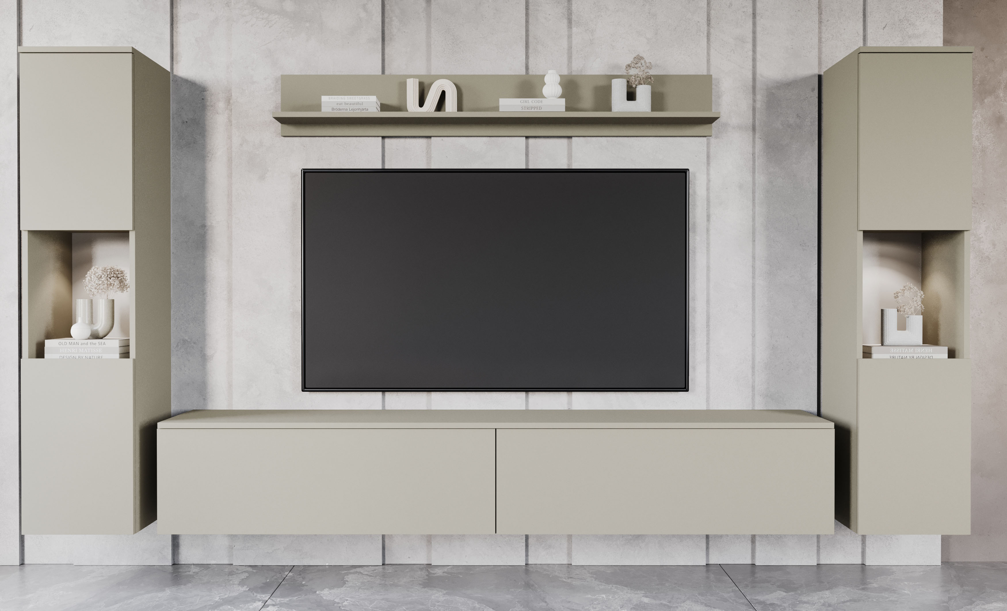 Wohnwand INOSIGN "PARIS, Vitrine Türanschlag links/rechts wechselbar", beige (kaschmir), B:260cm H:130cm T:33cm, Hartfaserplatte, Kastenmöbel-Sets, Wohnwand, grifflose Design, stehend und hängend montierbar