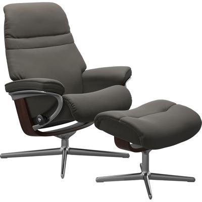Relaxsessel STRESSLESS "Sunrise", grau (metal grau paloma), B:83cm H:105cm T:74cm, Leder PALOMA: PALOMA ist ein durchgefärbtes Semianilin-Möbelleder mit natürlicher Narbung., Sessel, mit Hocker, mit Cross Base, Größe S, M & L, Holzakzent Braun Image