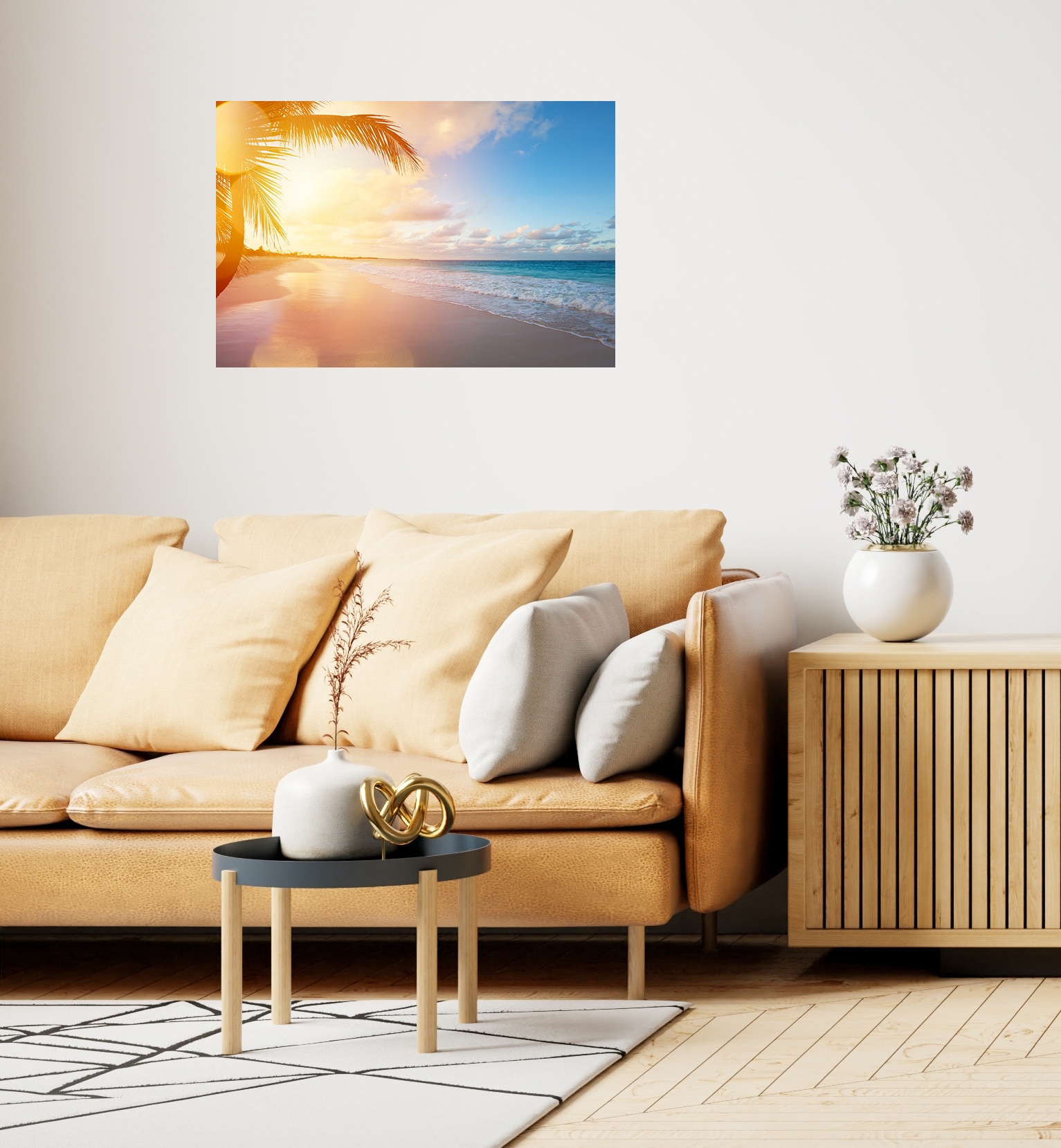 Wandsticker QUEENCE "Urlaub", gelb, B:150cm H:90cm T:0,1cm, Folie, Wandtattoos, Selbstklebend, kinderleichte Anbringung, Sticker, Sonnenaufgang, Meer