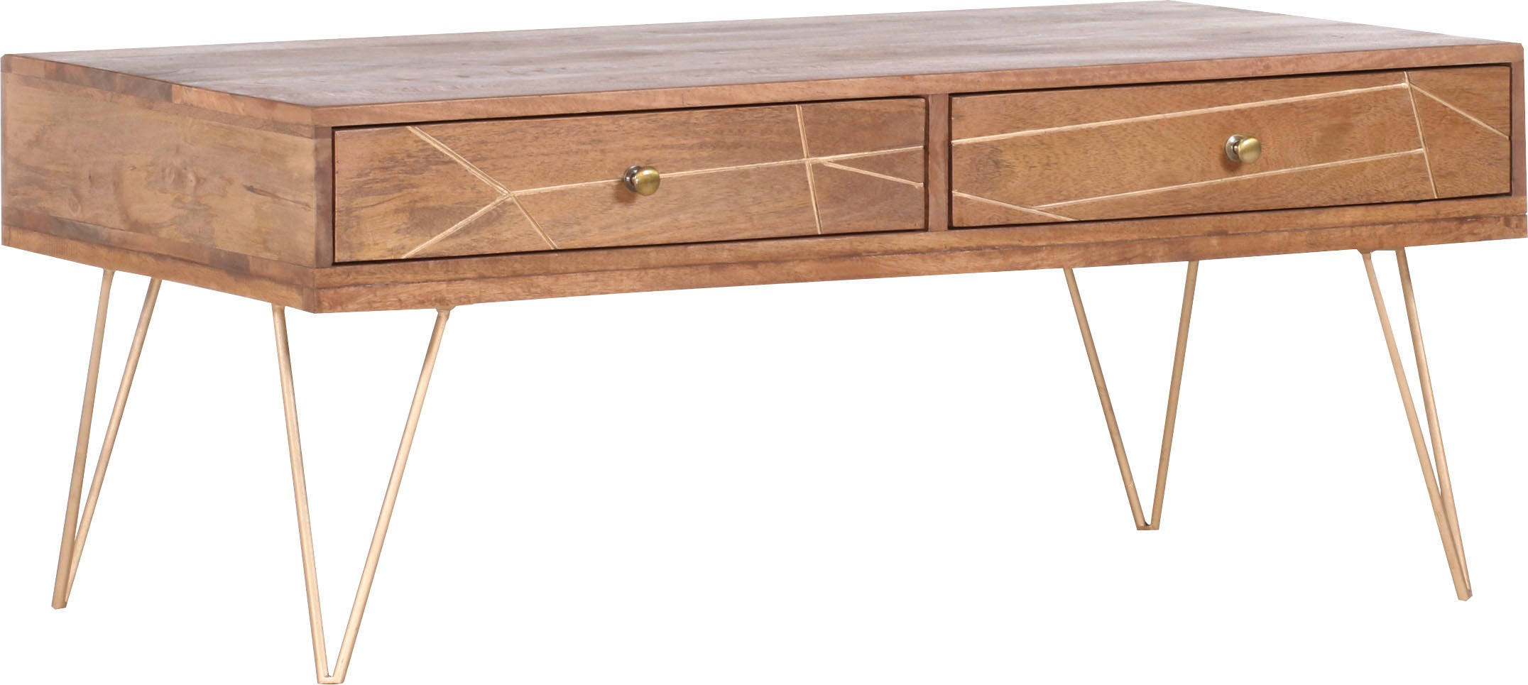 Couchtisch GUTMANN FACTORY "Scan", bunt (natur, gold, goldfarben, natur), H:48cm T:60cm, Tische, Hairpin Beine, moderner Couchtisch aus Massivholz Mango oder Akazie