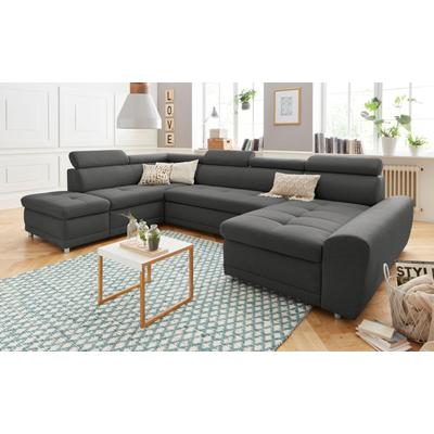 Wohnlandschaft SIT & MORE "Riva U-Form", grau (anthrazit), B:337cm H:92cm T:95cm, Struktur (100% Polyester), Flachgewebe (100% Polyester), Luxus-Microfaser (100% Polyester), Sofas, wahlweise mit Bettfunktion Image