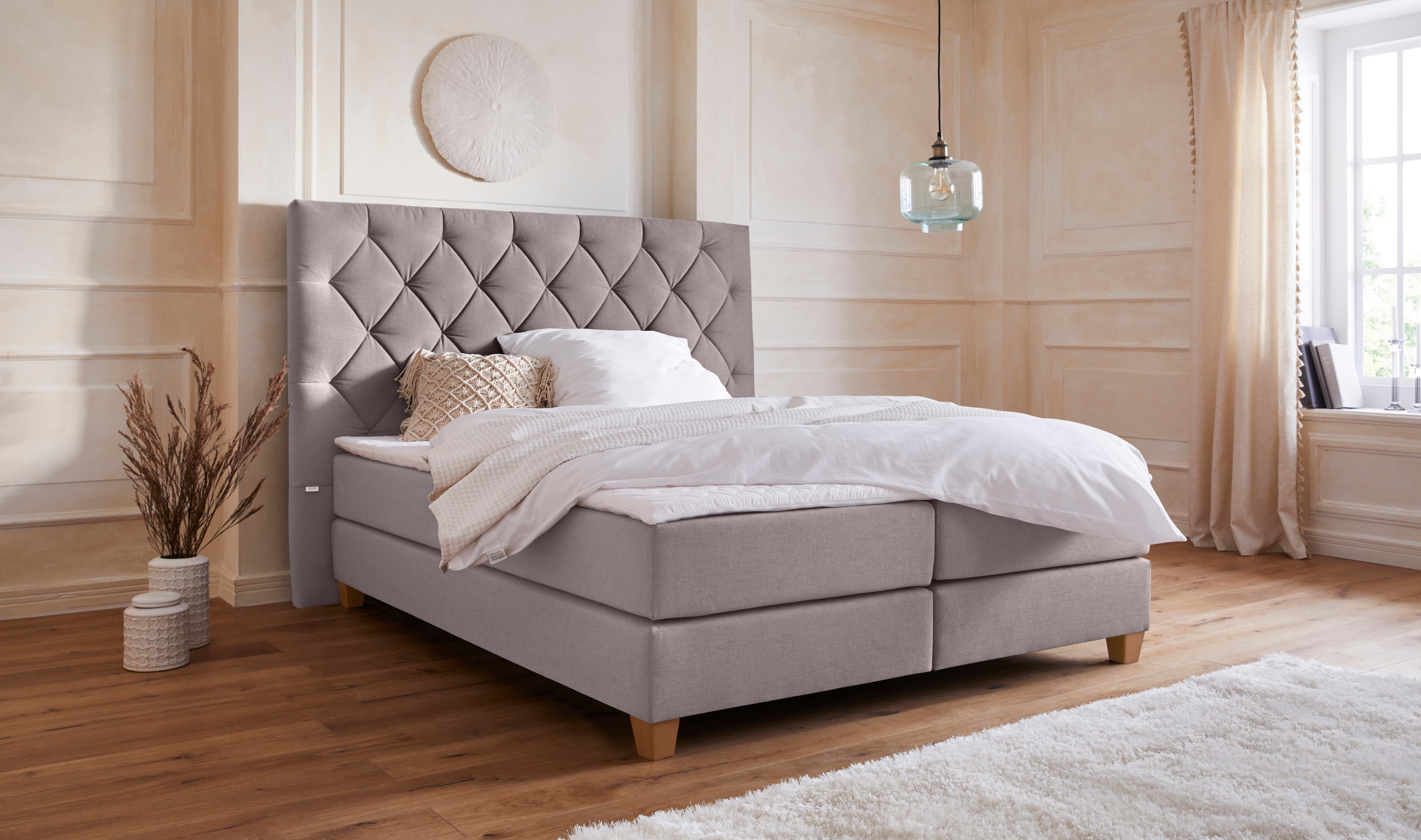 Boxspringbett HOME AFFAIRE "Harmones hoch", grau (hellgrau), B:203cm L:210cm, Struktur (100% Polyester), Komplettbetten, Boxspringbett, in 3 Breiten, Härtegrad auch im Mix mit je 1 Matratze in H2 und H3 Image