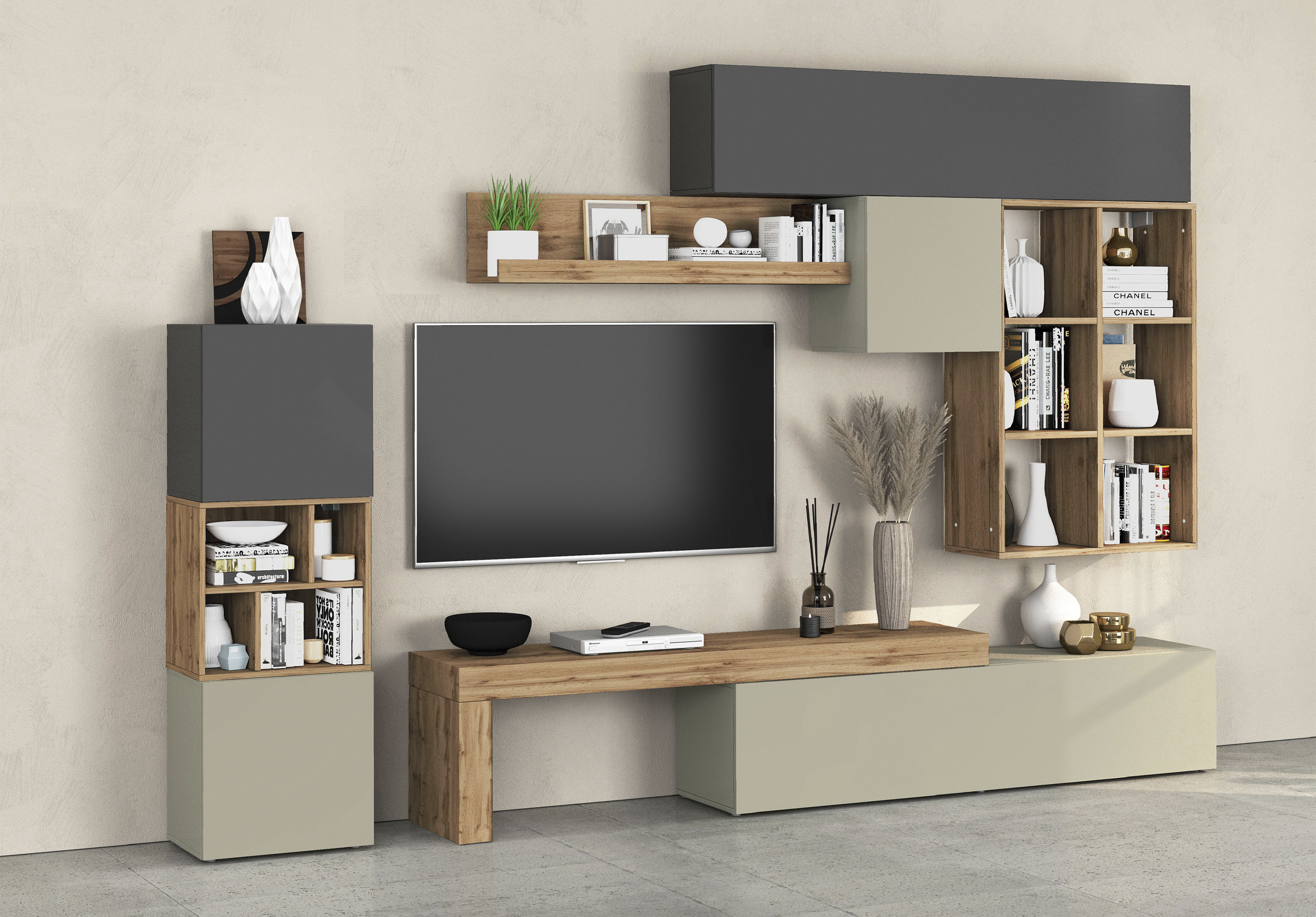 Wohnwand INOSIGN "Chronos Wohnwand, Medienwand, 8-er set", grau (anthrazit, taube, eiche wotan), Holzwerkstoff, Kastenmöbel-Sets, ca. 320 cm mit Hängeschränke, Würfel, Regal, Lowboard, Made in Italy