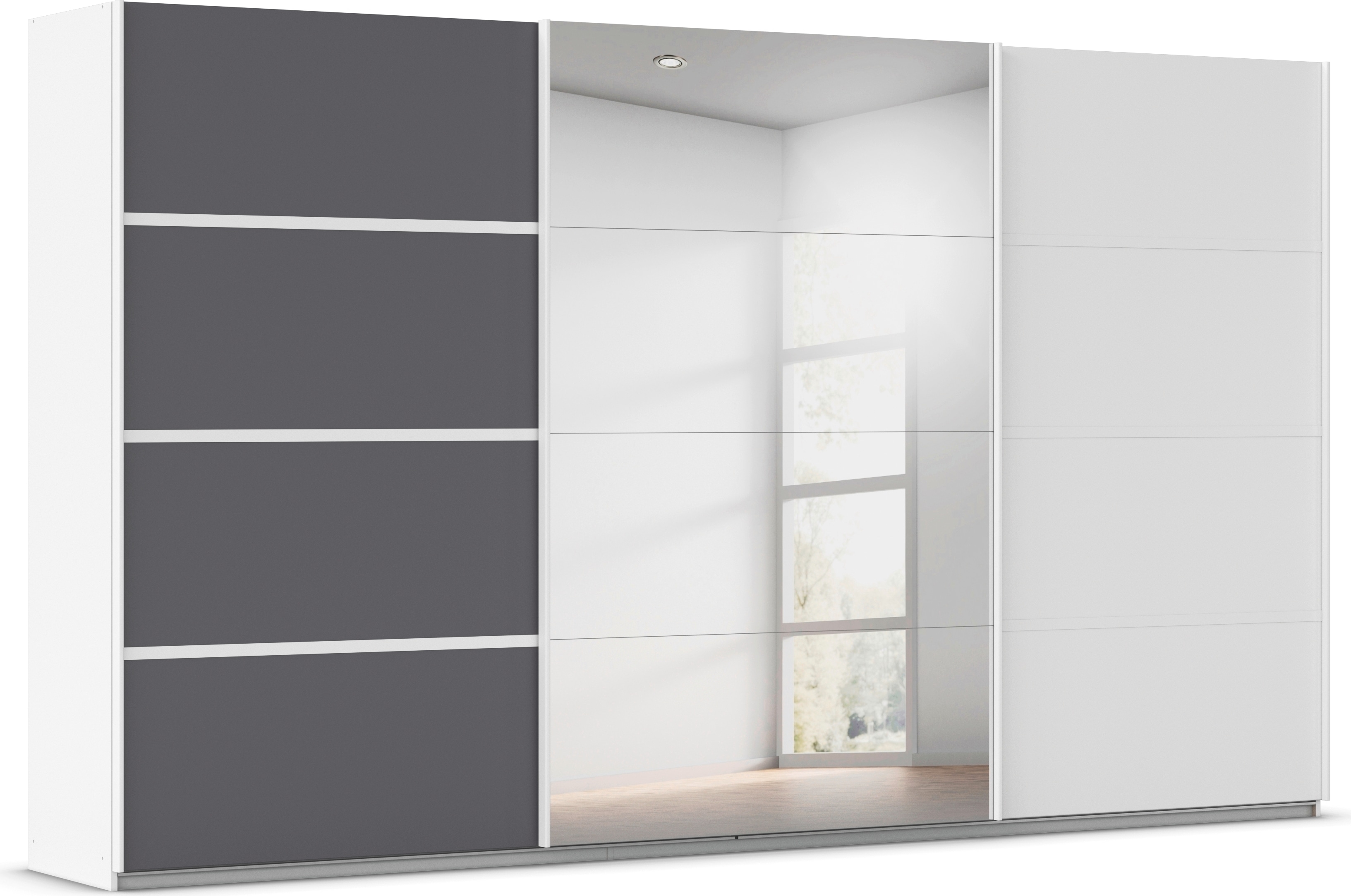 Kleiderschrank RAUCH "Schwebetürenschrank OTTO´s Choice Garderobe Schrank TOP ANGEBOT Avola", alpinweiß, graumetallic, leisten weiß, B:360cm H:210cm T:62cm, Holzwerkstoff, Schränke, mit eleganten Zierleisten in Chrom, Schwarz oder Weiß MADE IN GERMANY Image