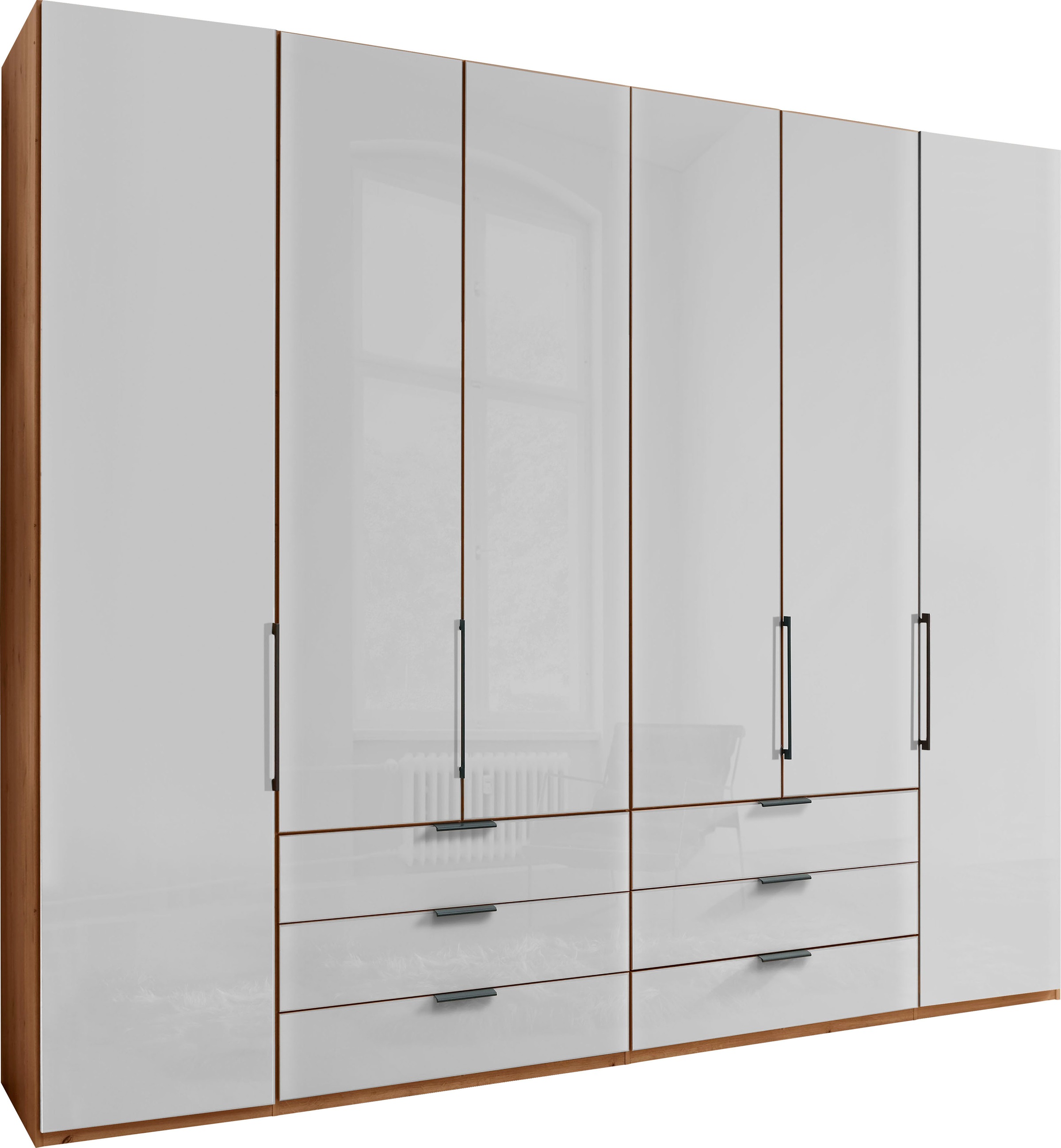Falttürenschrank WIEMANN "Monaco, Kleiderschrank, Schrank, Wäscheschrank, mit edler Glasfront", braun (bianco, eiche, nachbildung, glas weiß), B:246,9cm H:236cm T:58cm, Floatglas, Holzwerkstoff, Schränke, Kleiderschrank Drehtürenschrank, inkl....