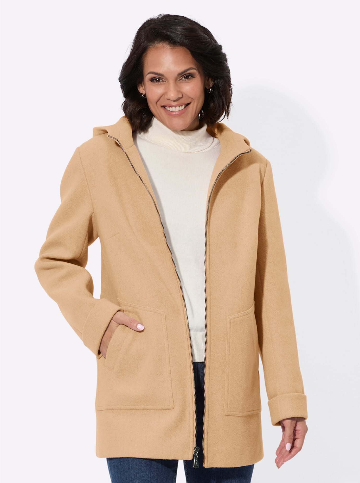 Anorak CASUAL LOOKS, Damen, Gr. 26, gelb (camel, meliert), 85% Polyester, 15% Viskose, unifarben, Jacken