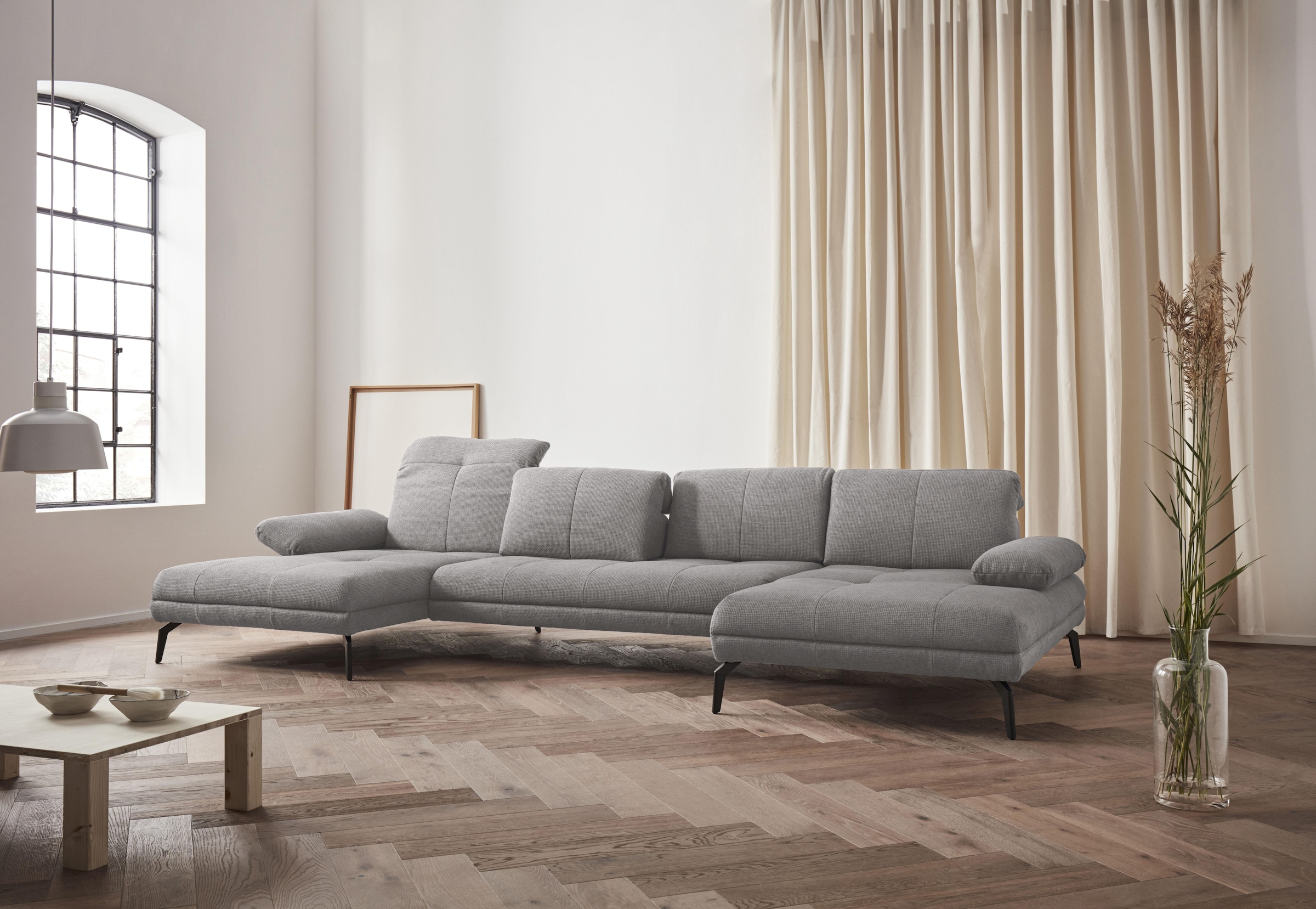 Wohnlandschaft HOME AFFAIRE "Stenlille Multifunktions-Sofa, U-Form", grau (hellgrau), B:374cm H:83cm T:162cm, Struktur weich (100% Polyester);Struktur grob (100% Polyester);100% NaturLEDER, Sofas, Wohnlandschaft, incl. Sitztiefen-, Kopfteil- und...