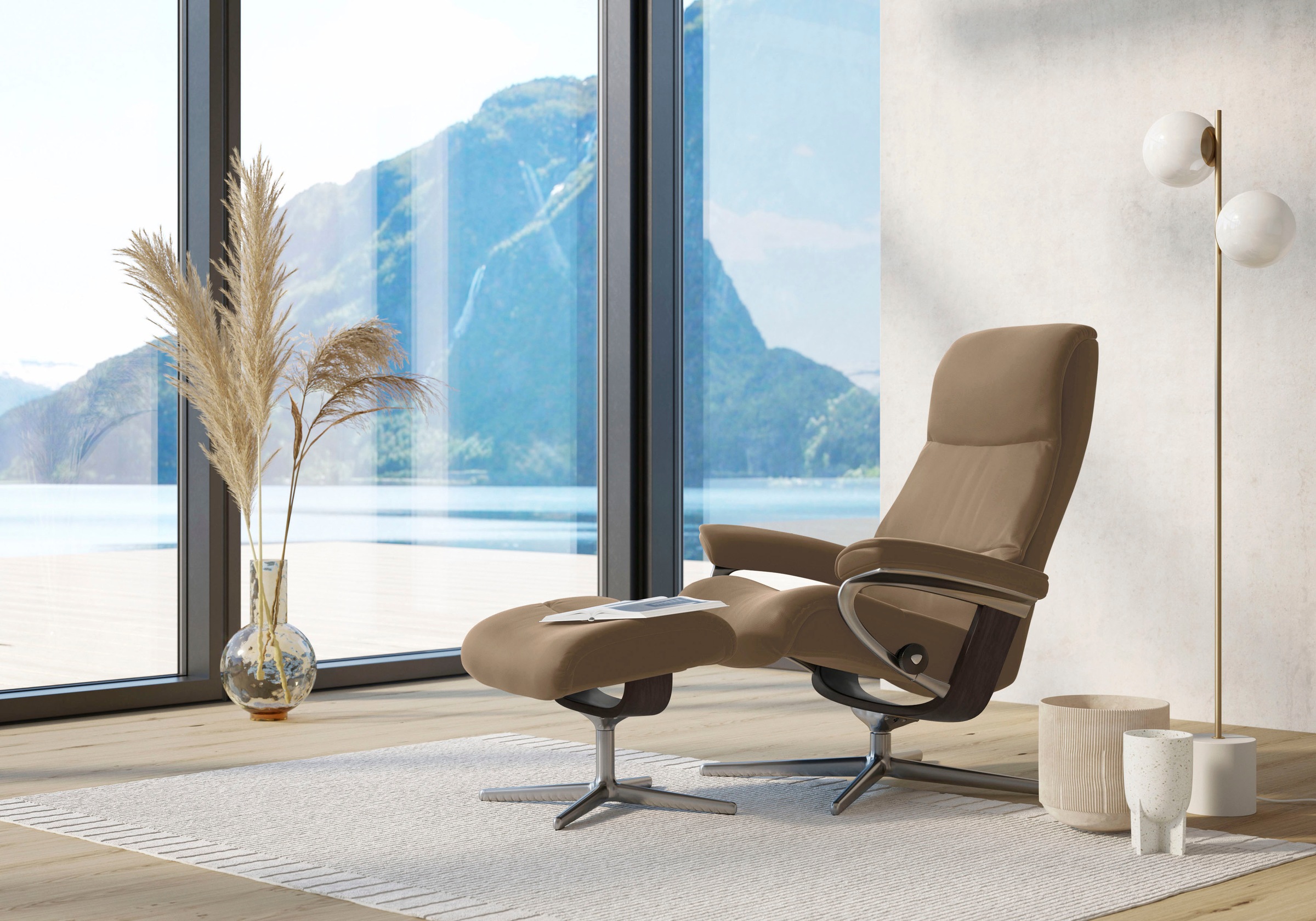 Relaxsessel STRESSLESS "View", braun (almond paloma), B:82cm H:109cm T:81cm, Leder PALOMA: PALOMA ist ein durchgefärbtes Semianilin-Möbelleder mit natürlicher Narbung., Sessel, Relaxsessel, mit Hocker, mit Cross Base, Größe S, M & L, Holzakzent Wenge