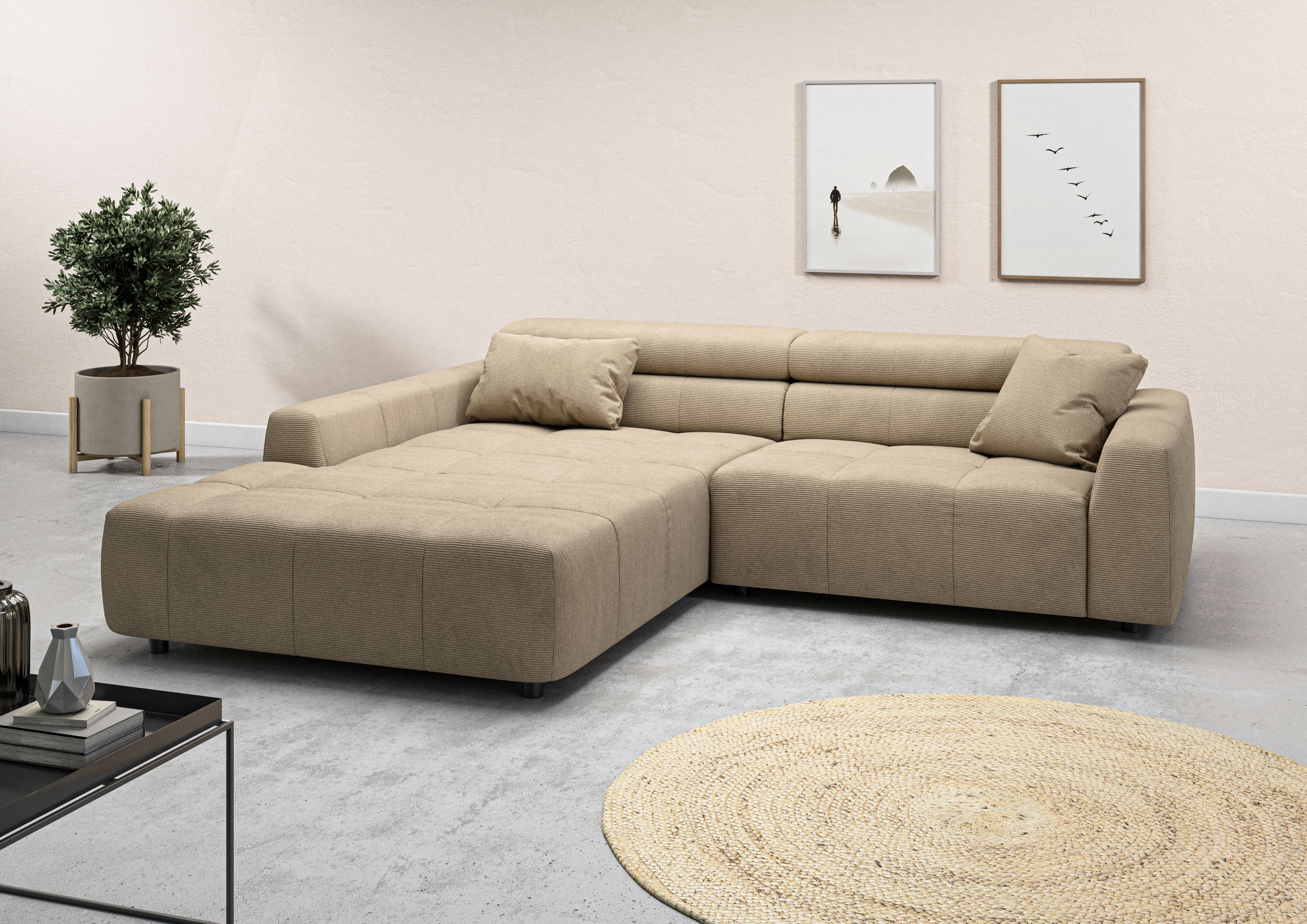 Ecksofa 3C CANDY "Denver auch mit Cord- und Easy care-Bezug, Kopfteilverstellung L-Form", beige (sand), B:258cm H:68cm T:217cm, 95% Polyester, 5% Nylon, Sofas, Ecksofa, wahlweise. mit motorischer Sitztiefenverstellung