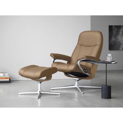 Fußhocker STRESSLESS "Consul", braun (almond paloma), B:54cm H:41cm T:39cm, Leder PALOMA: PALOMA ist ein durchgefärbtes Semianilin-Möbelleder mit natürlicher Narbung., Hocker, mit Cross Base, Größe S, M & L, Holzakzent Eiche Image