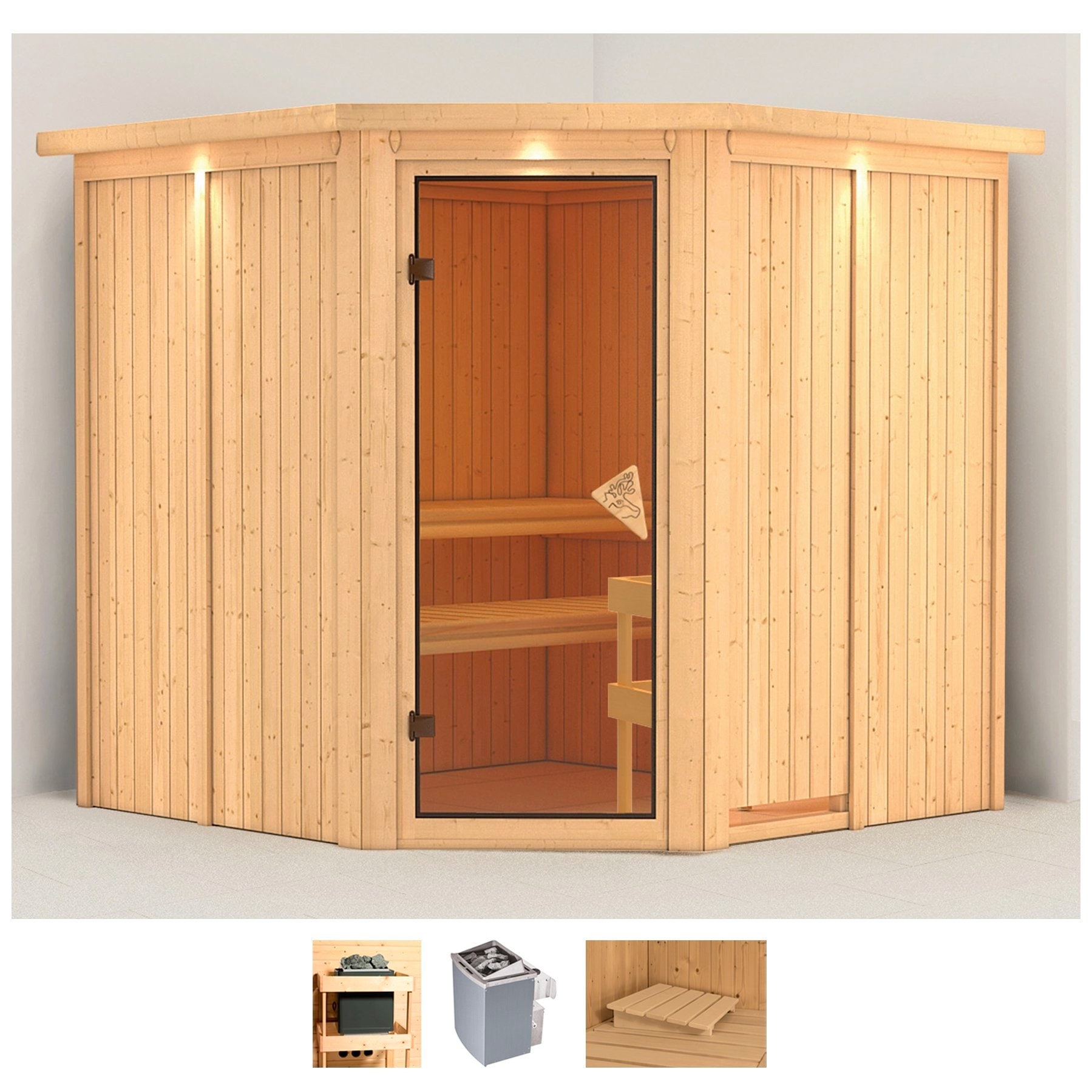 Sauna KARIBU "Jarla", beige (naturbelassen), Saunaofen, integrierte Steuerung, 9 kW, Saunen, Ofen 9 kW integr. Strg