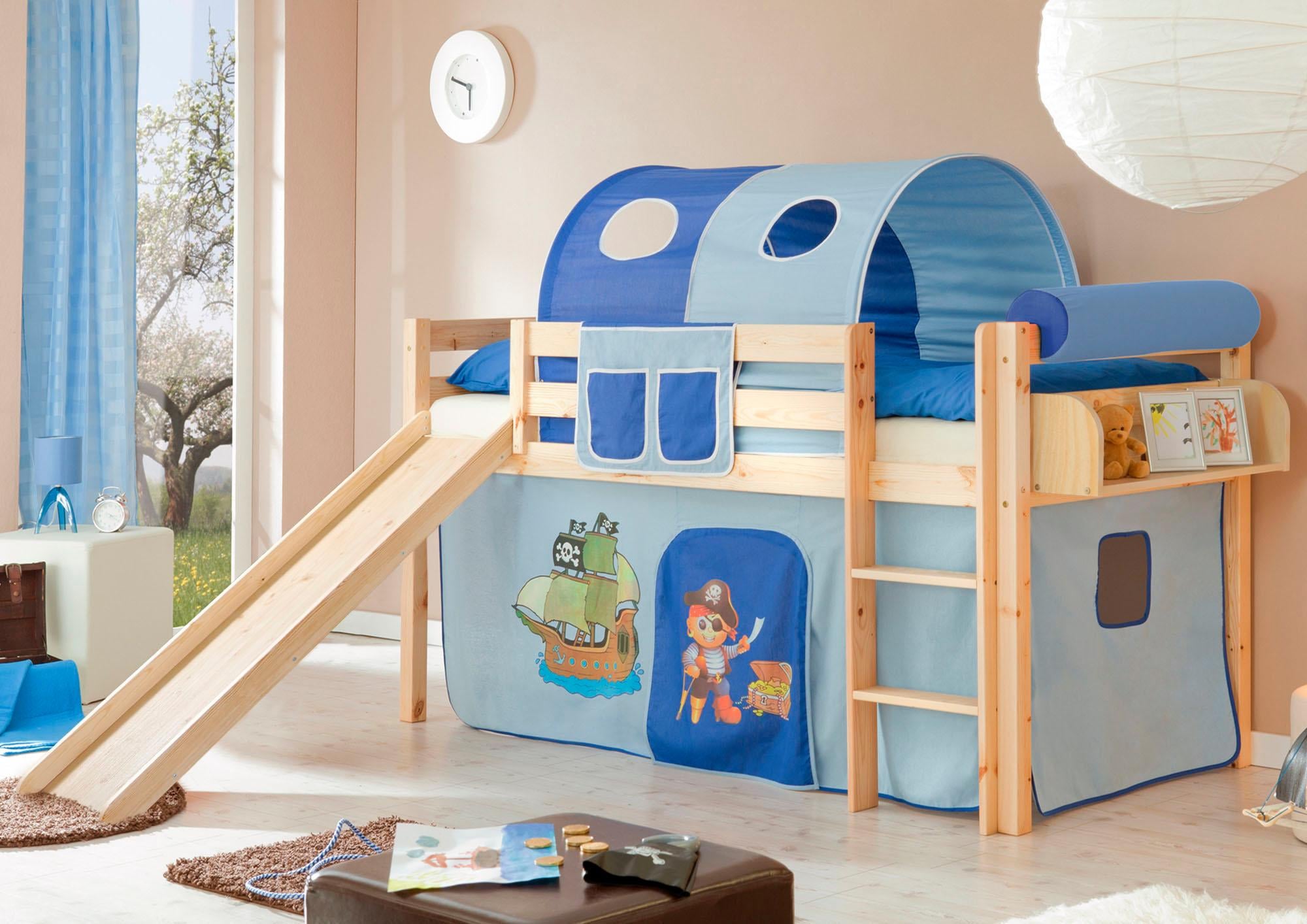 Hochbett TICAA "Manuel", blau (kiefer massiv natur, pirat, hellblau, dunkelblau), B:217cm H:114cm L:205cm, Hochbetten, Hochbett, Rollrost und Textil-Set wahlweise mit Matratze, Kiefer massiv natur