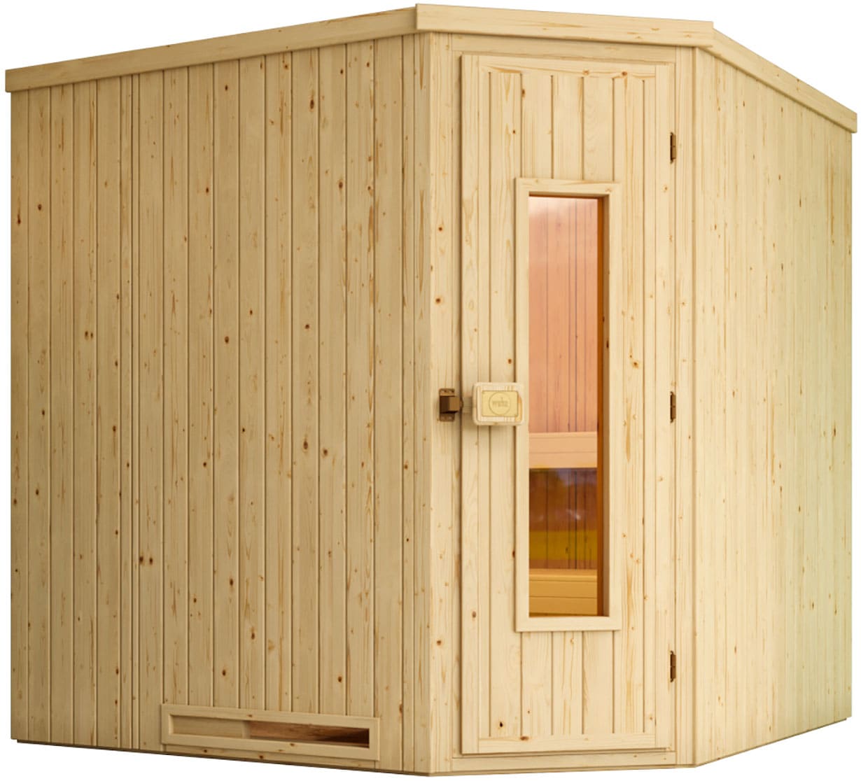 Sauna WEKA "Element-Ecksauna VARBERG 3", beige (natur), Saunaofen, integrierte Steuerung, 9 kW, Saunen, vorgefertigte Elemente, isolierte Holztür