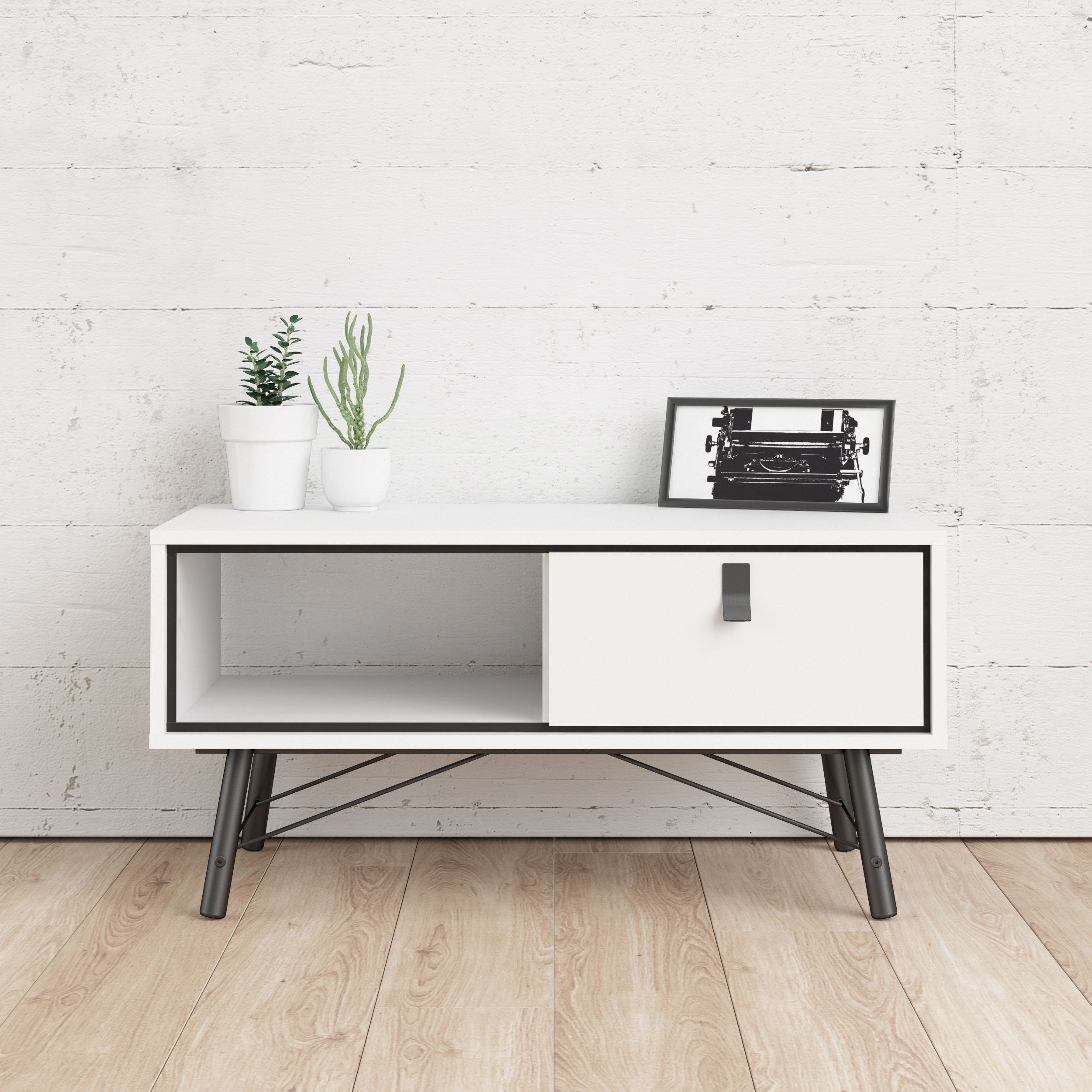 Couchtisch ANDAS "Ry Beistelltisch, Sofatisch, Kaffeetisch, Wohnzimmertisch", weiß (weiß matt, schwarz matt, weiß), B:101,8cm H:50cm T:48,2cm, Tische, Couchtisch Eckige Couchtische Holz-Couchtische, mit 1 Schublade und einem Ablagefach unter der...