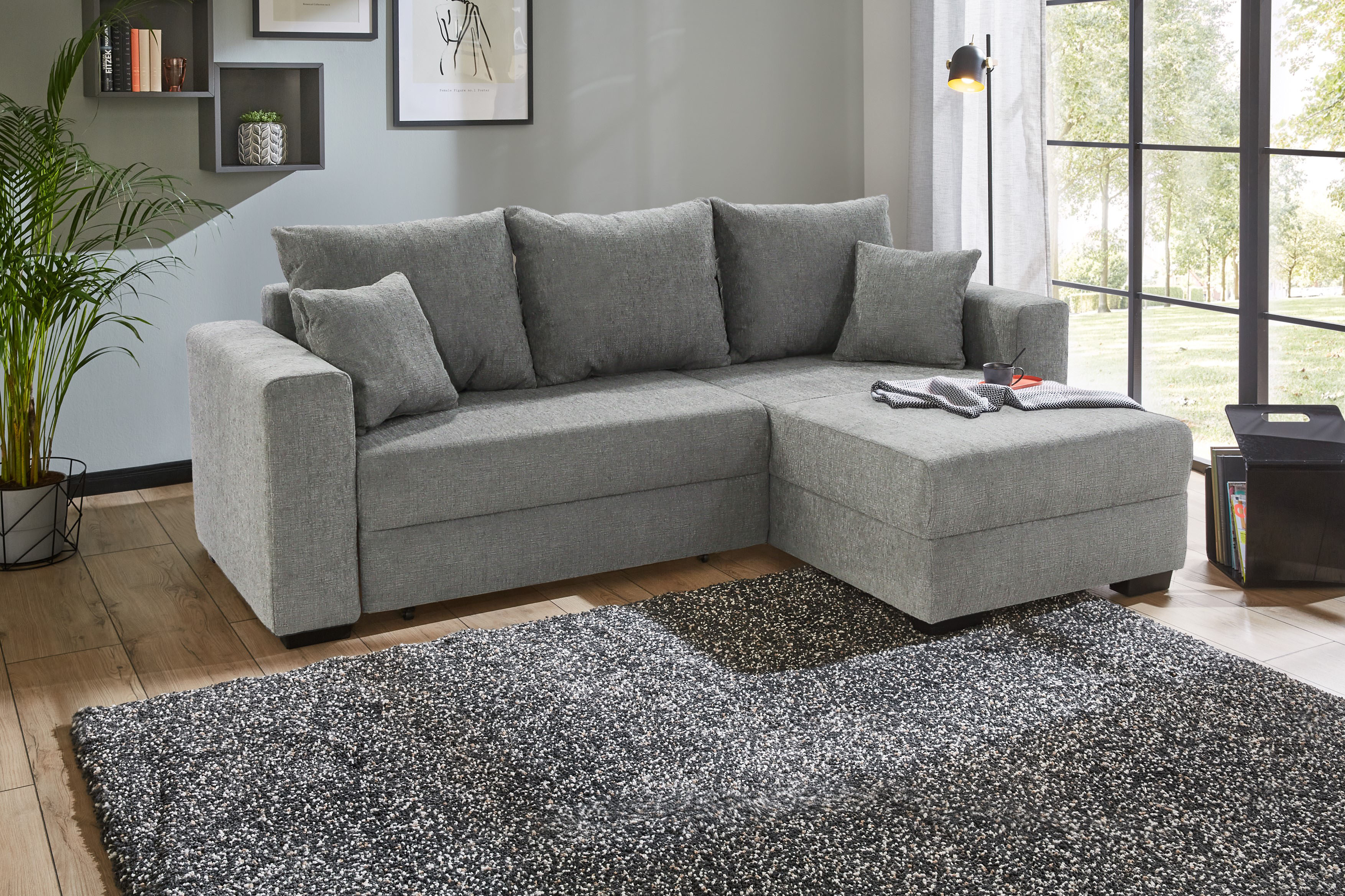 Ecksofa JOCKENHÖFER GRUPPE "Elmau L-Form, B: 235 cm", grau, B:235cm T:90cm, Korpus: 100% Polyester;Kissen: 100% Polyester, Sofas, Ecksofa, mit Bettfunktion, Bettkasten & 2 Zierkissen, Topseller Image
