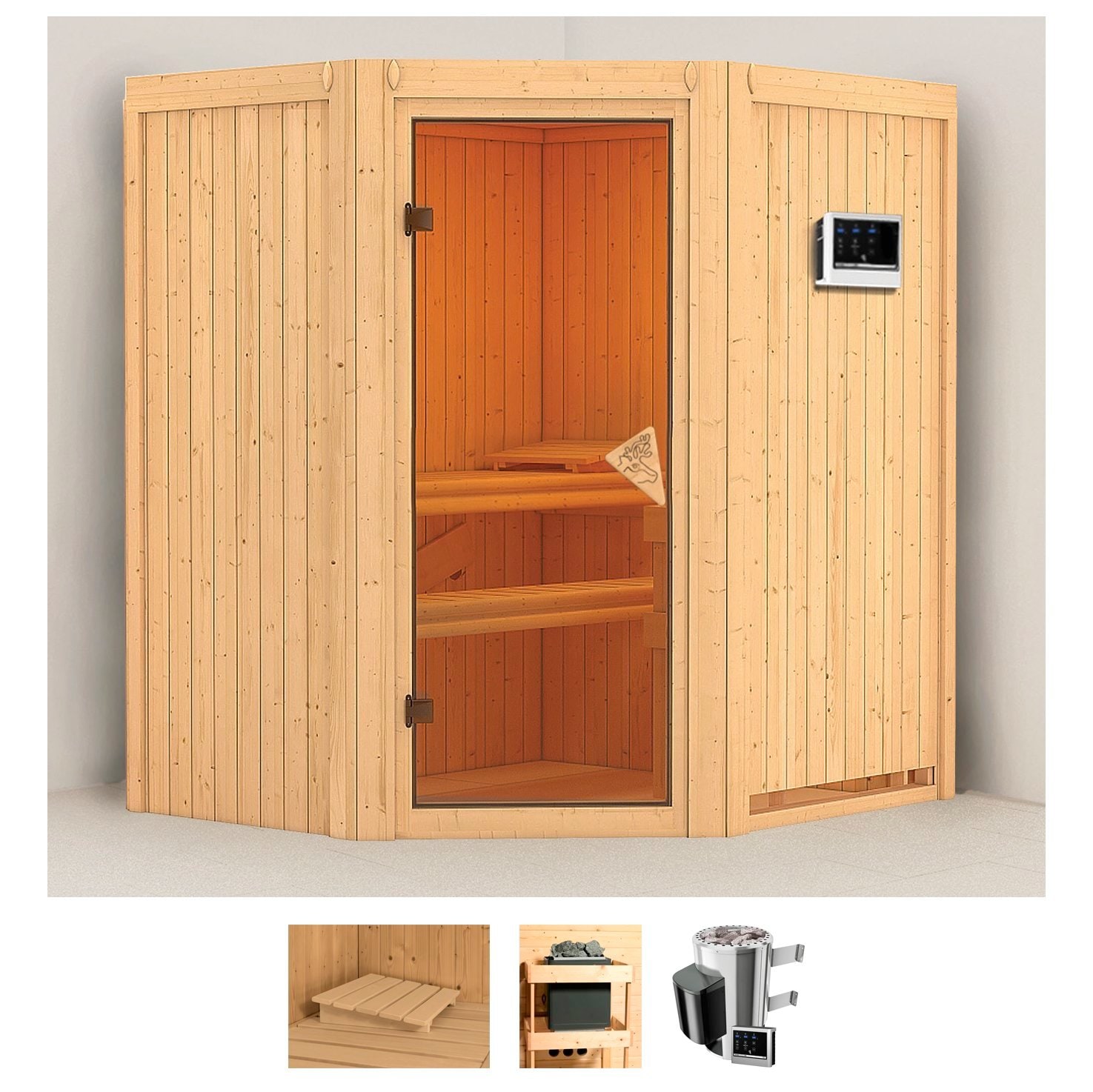 Sauna KARIBU "Tomke", beige (naturbelassen), Saunaofen, externe Steuerung, 3,6 kW, Saunen, Ofen 3,6 kW externe Strg.easy