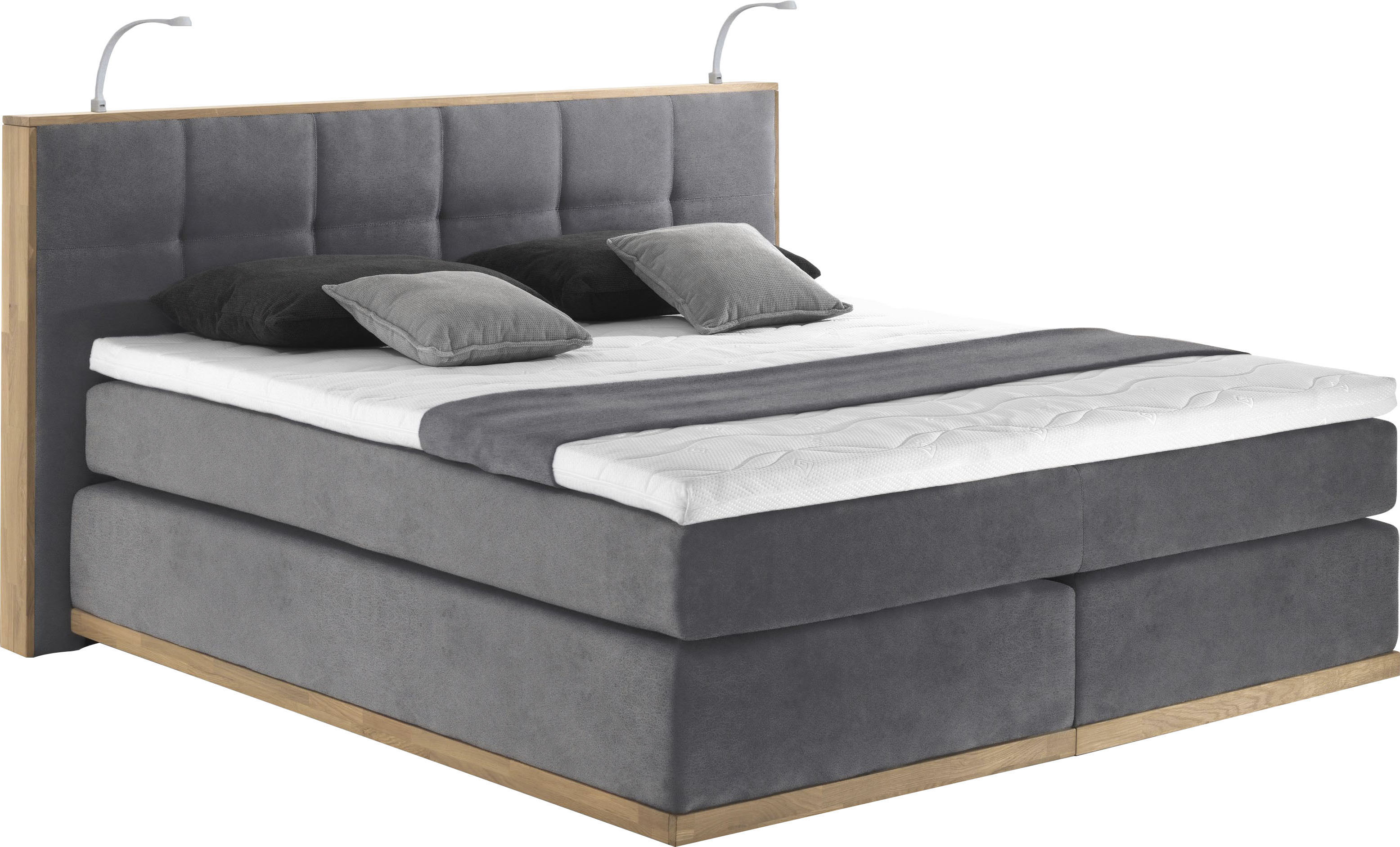Boxspringbett PLACES OF STYLE "Vinton", grau (steel), B:180cm L:213cm, Komplettbetten, Boxspringbett, aus Eiche, mit LED-Beleuchtung, verschiedene Härtegrade (auch H4) Image
