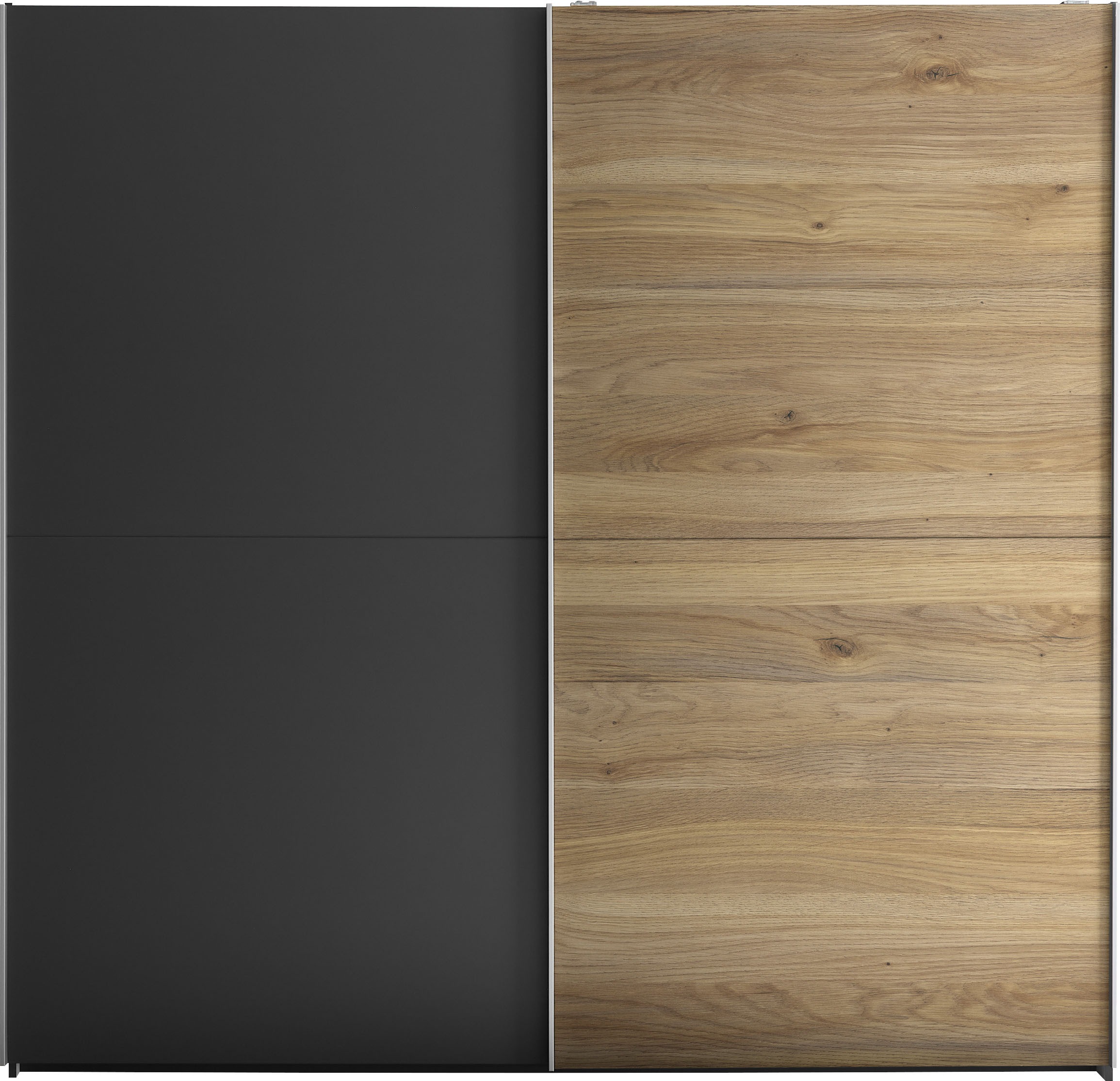 Schwebetürenschrank SCHLAFKONTOR "Melton Kleiderschrank mit Schiebetüren und Hoteleinteilungen", grau (graphit, mauvella oak), B:215cm H:210cm T:60cm, Holzwerkstoff, Schränke, Schwebetürenschrank, optional verstellbare Einlegeböden