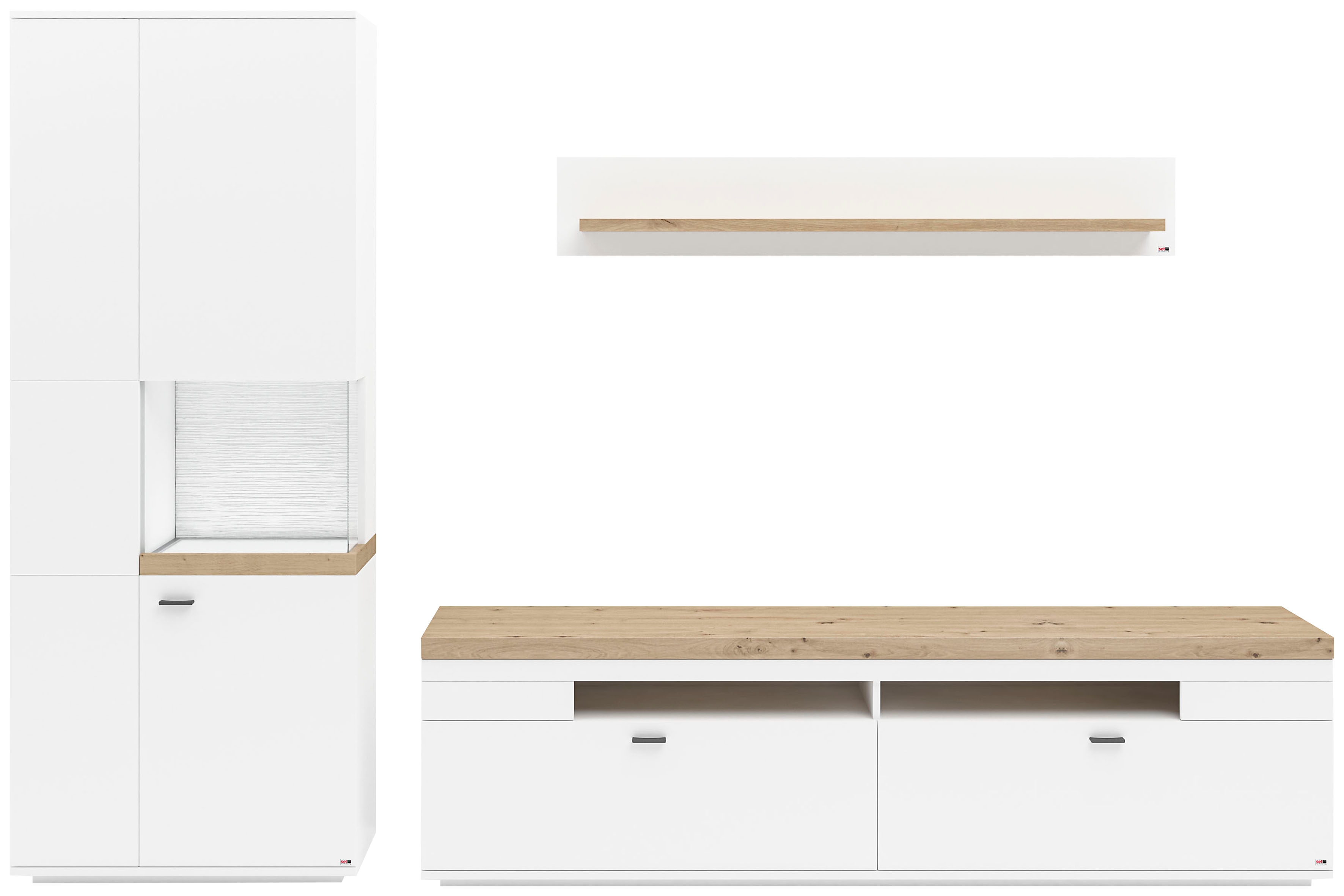 Wohnwand "Lancaster", weiß (weiß mit eiche artisan), B:300cm H:206,2cm T:43,6cm, SET ONE BY MUSTERRING, Kastenmöbel-Sets, 3-teilig mit Fronten in weiß oder grau, Breite ca.300cm