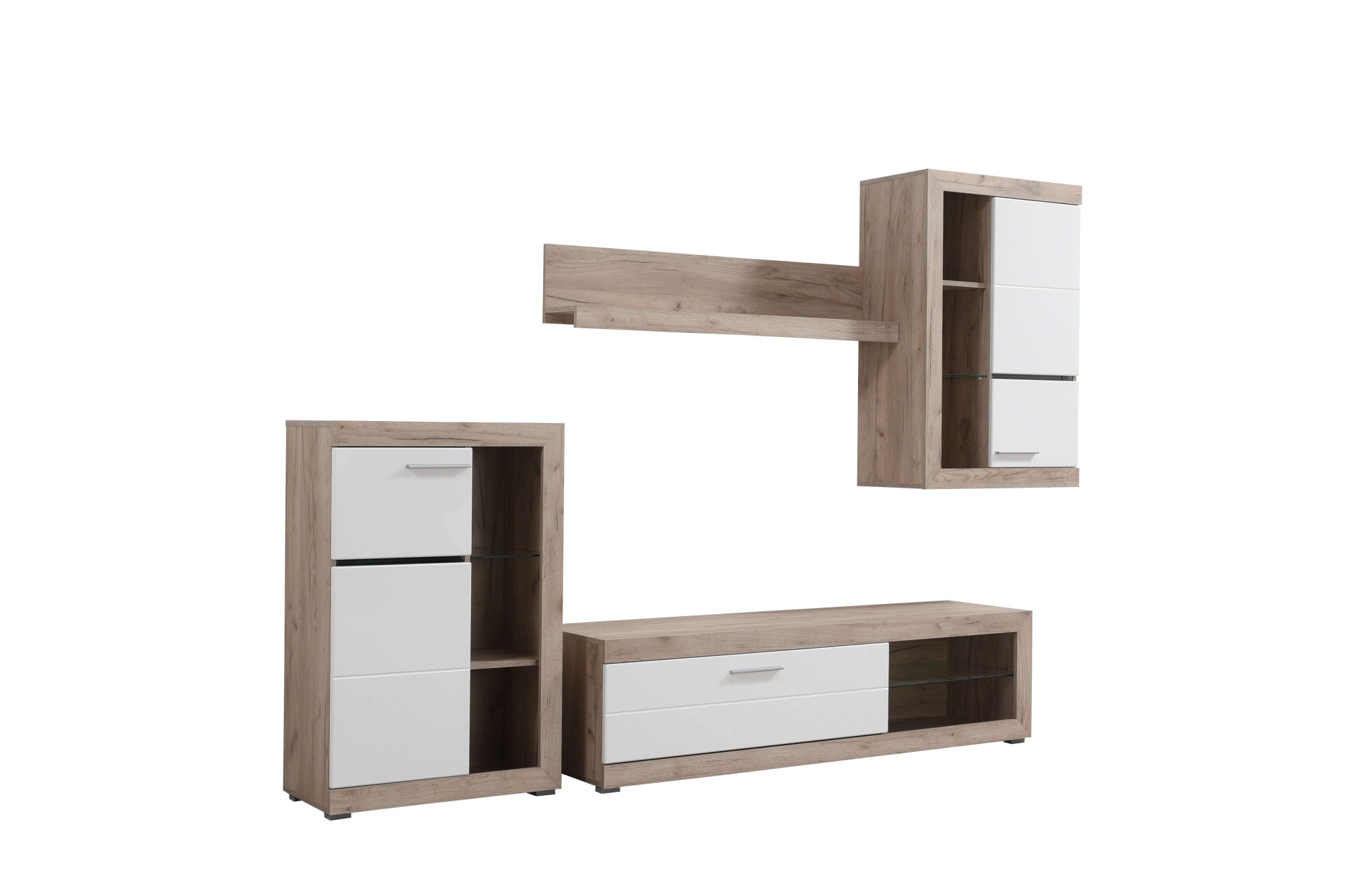 Wohnzimmer-Set INOSIGN "Rosso Wohnwand, Mediawand, Anbauwand, für TV bis 60', Breite 267 cm", grau (grau eiche), B:266,5cm H:186cm T:41,5cm, Glas, Kunststoff, MDF, Metall, Spanplatte, Kastenmöbel-Sets, Set besteht aus Highboard, TV-board, Wandregal...