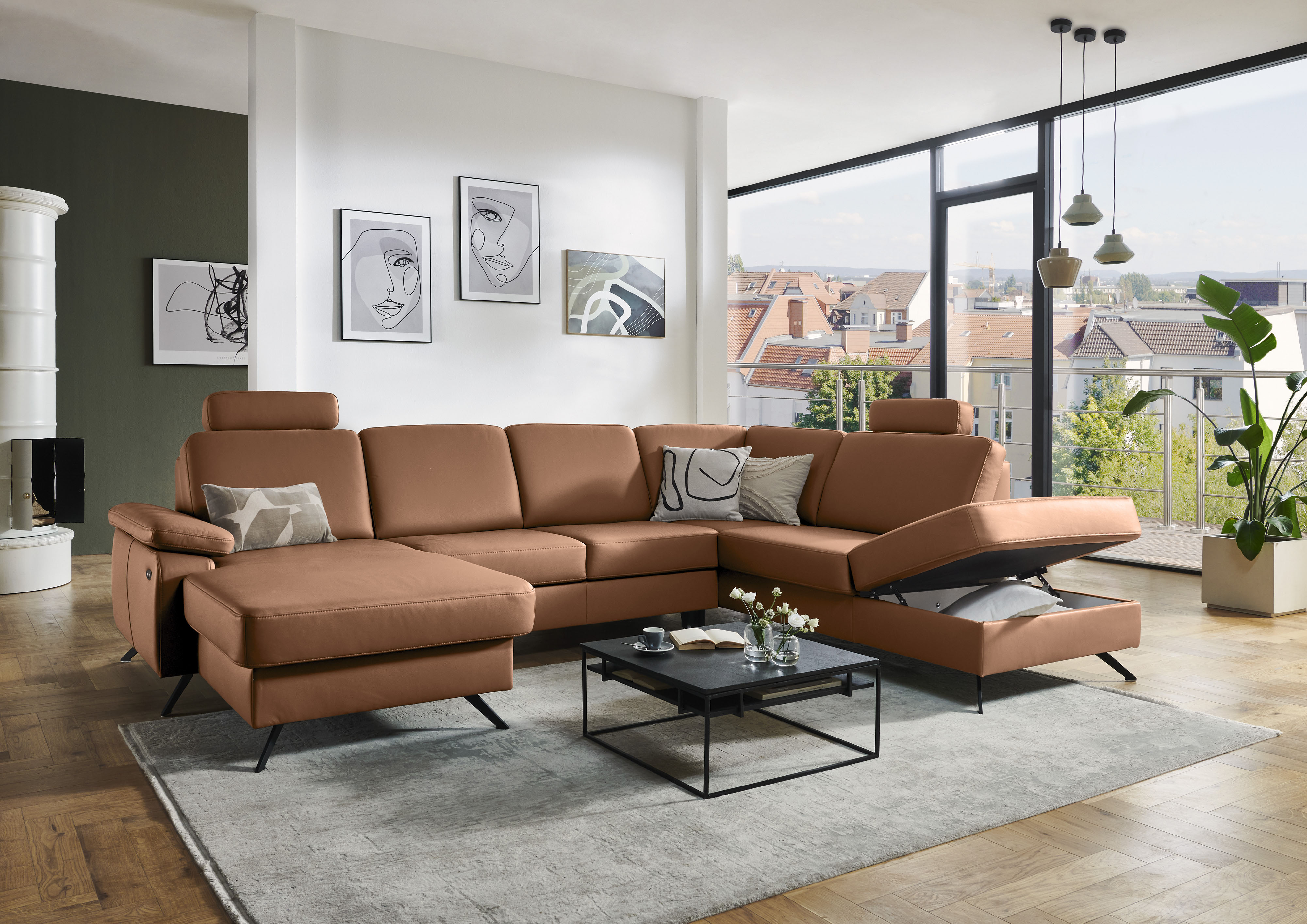 Wohnlandschaft DIE PLANBAR "PN-EM15047 U-Form, mit Kopfstützen", parkett, B:309cm H:104cm T:235cm, Sofas, Wohnlandschaft, Echtleder, wahlweise mit Bettfunktion u. Stauraum