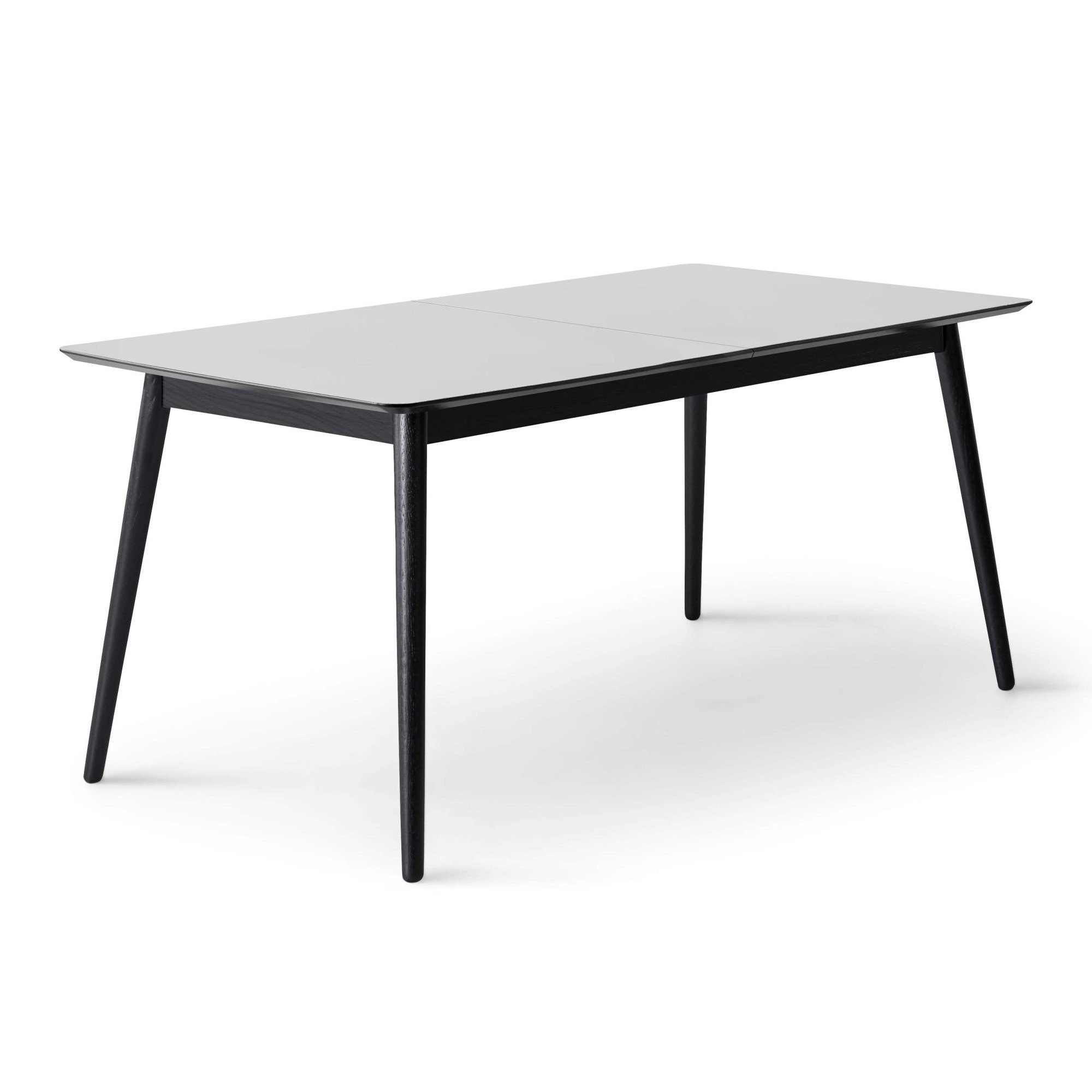 Esstisch HAMMEL FURNITURE "Meza Designtisch mit Auszugsfunktion und 2 Einlegeplatten", weiß (weiß, schwarz, weiß), B:165cm H:74cm T:90cm, Tischplatte: Weiss Laminat (schwarzer Rand), Gestell: Massive Esche., Tische, abgerundete Tischplatte MDF,...