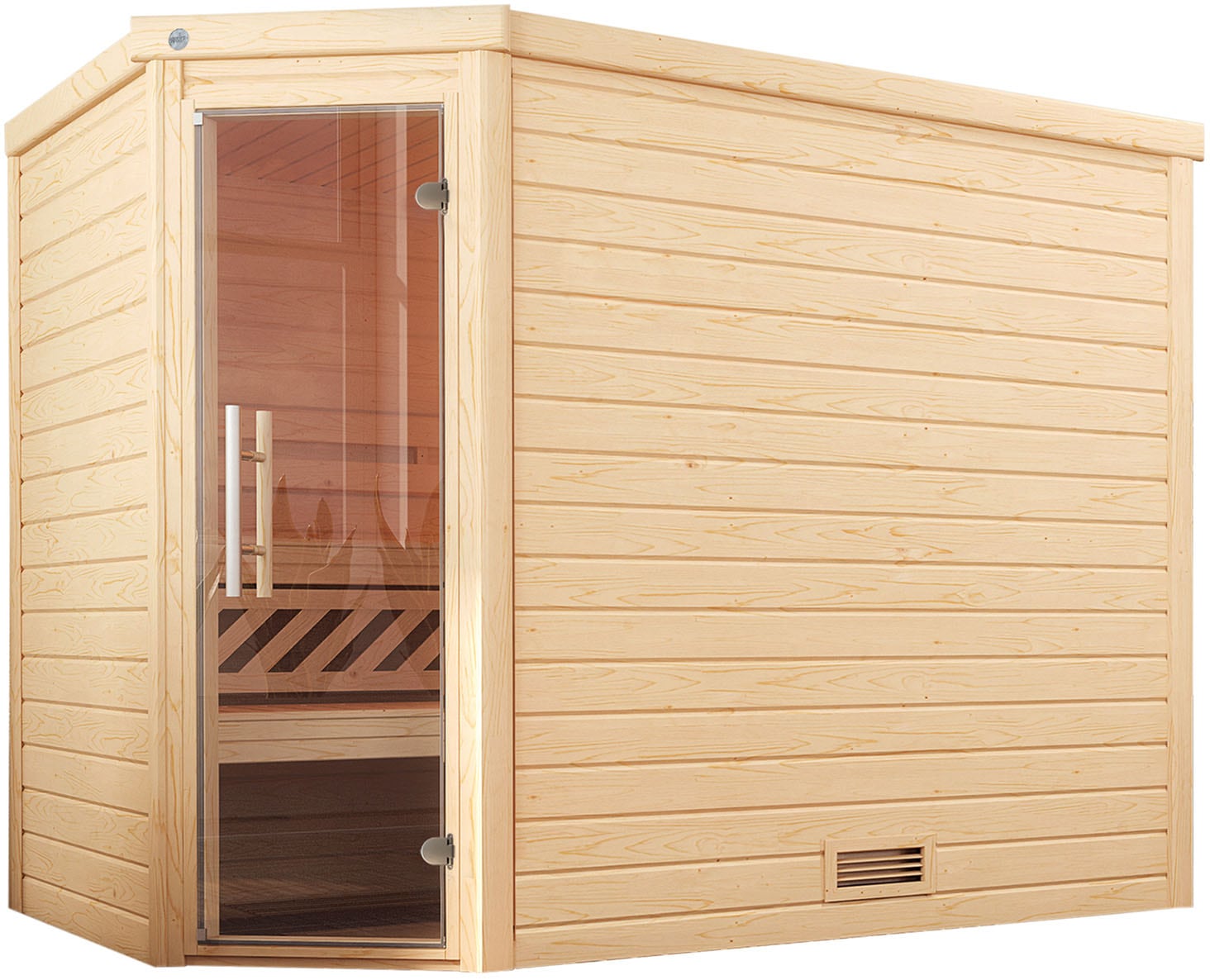 Sauna WEKA "Massivholzsauna TURKU 3", beige (natur), Saunaofen, externe Steuerung, 9 kW, Saunen, Blockbohlen, moderne Ganzglastür