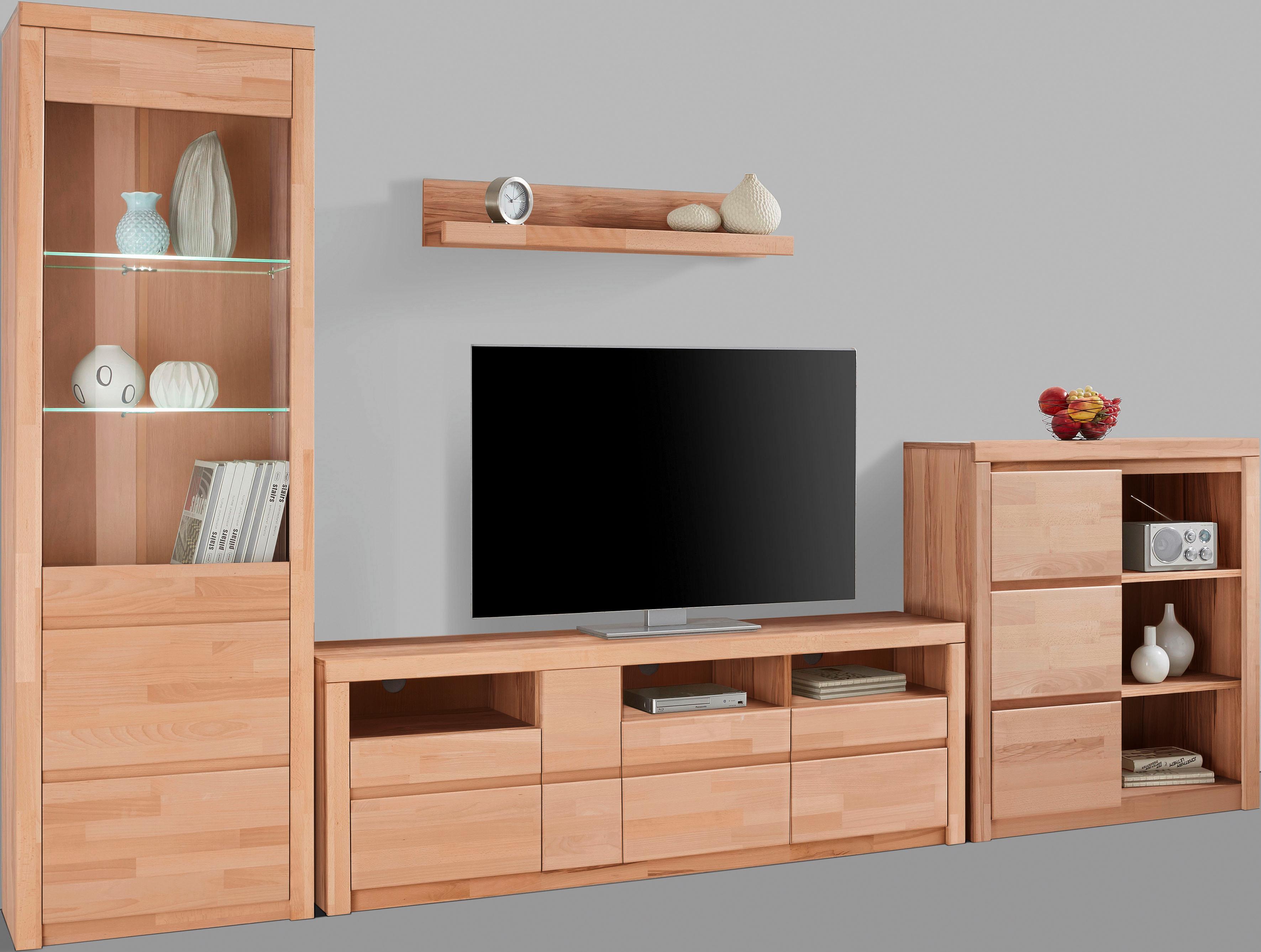 Wohnwand HOME AFFAIRE "Silkeborg", beige (kernbuche teilmassiv), Holzwerkstoff Kernbuchefarben (Korpus)/ Massivholz Kernbuche (Front), Holz teilmassiv, Kastenmöbel-Sets, Wohnwand, teilmassives Holz