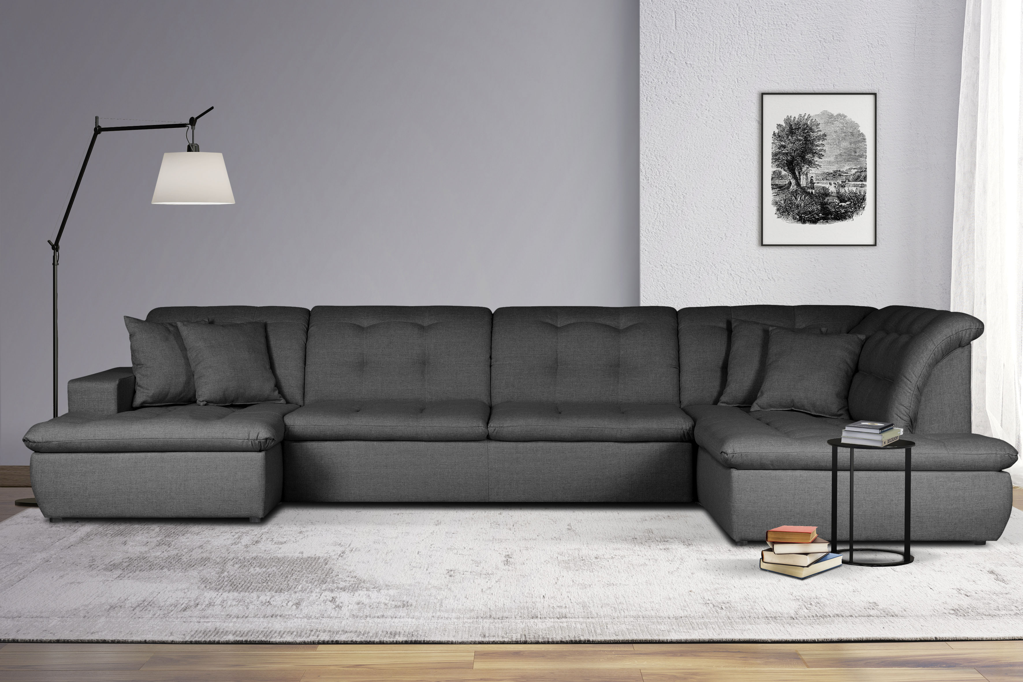 Wohnlandschaft HOME AFFAIRE "BRISBANE NEU U-Form", grau (anthrazit), B:380cm H:83cm T:202cm, 100% Polyester, Sofas, Wohnlandschaft, mit feiner Steppung, Matten-Optik, incl. Zierkissen