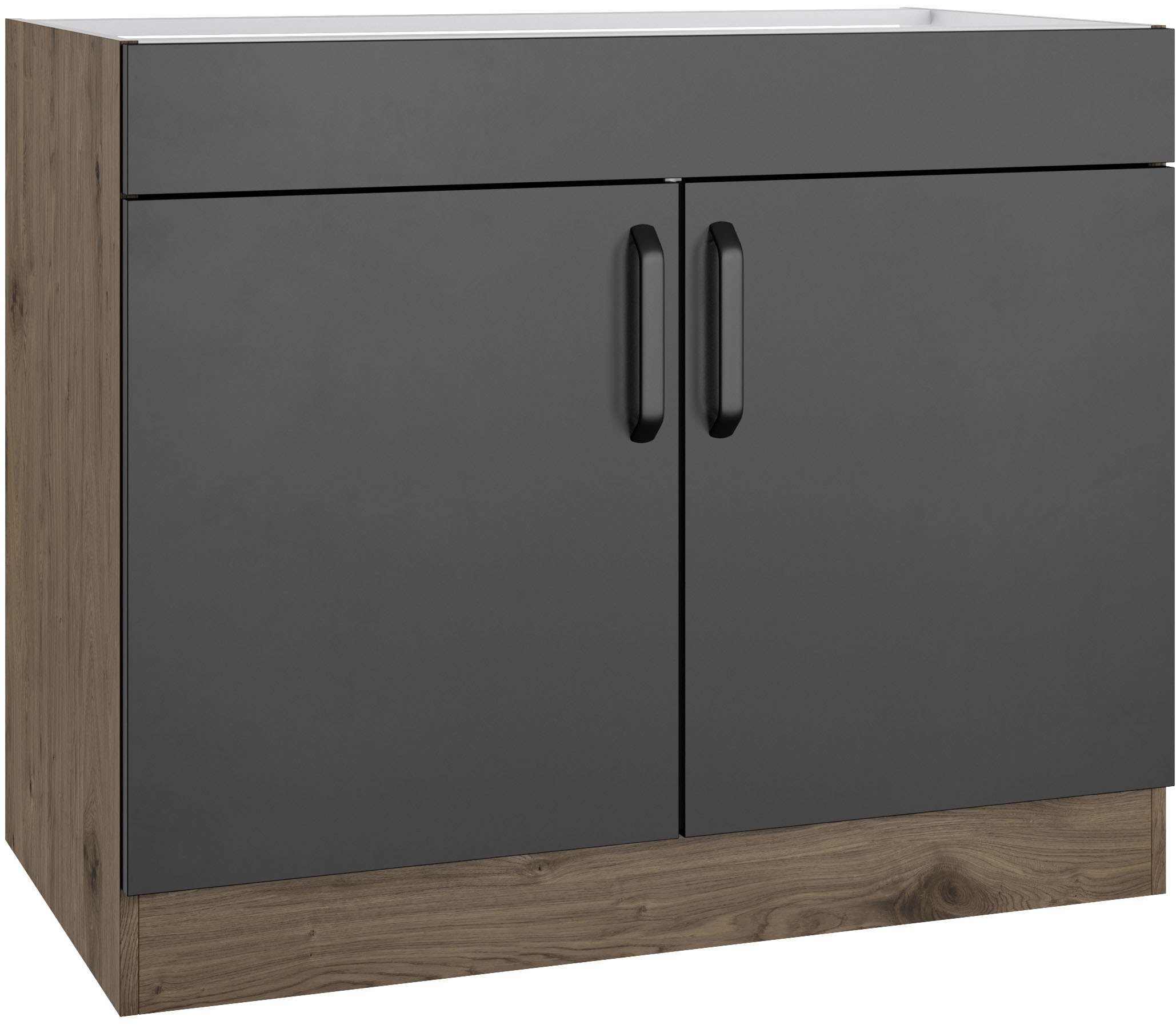 Spülenschrank WIHO KÜCHEN "Elba", schwarz (front: schwarz, korpus: halifax eiche braun), B:100 H:82 T:57, Holzwerkstoff, Schränke, Breite 100 cm Image