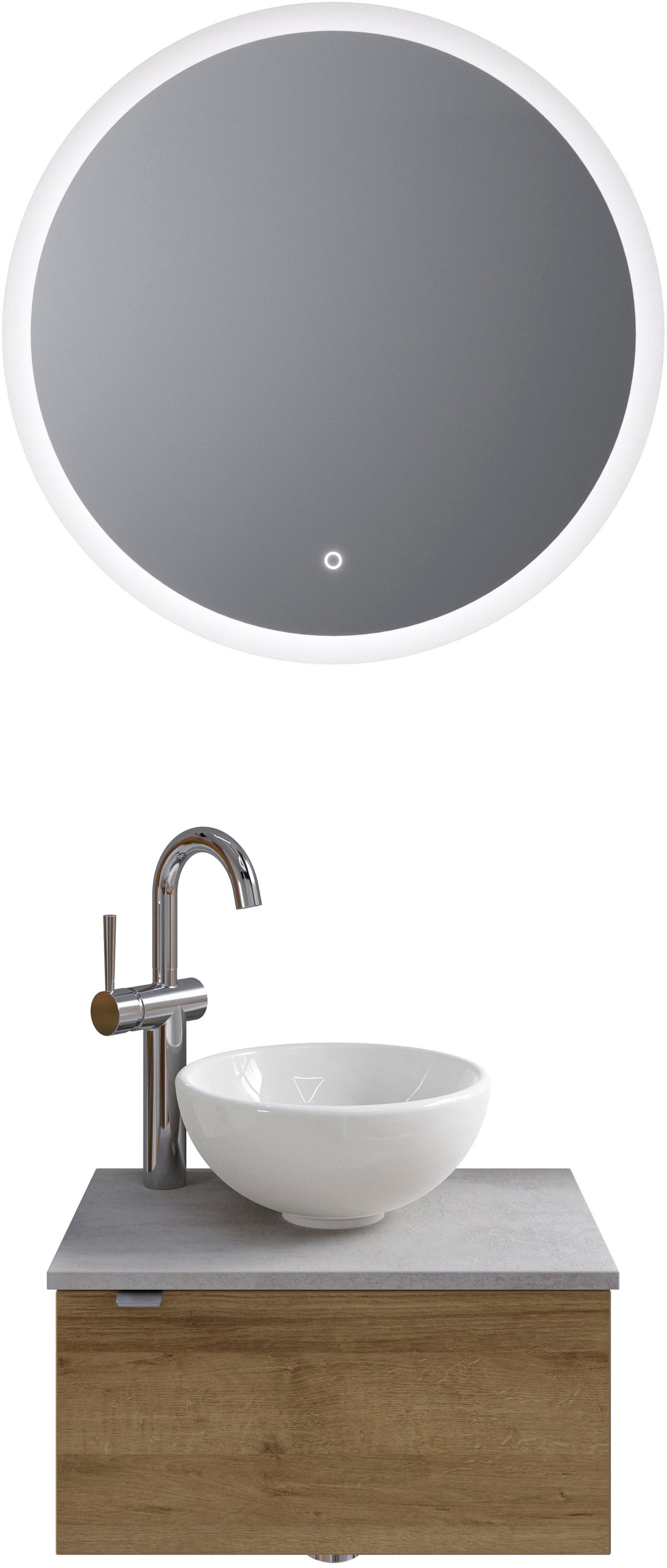 Badmöbel-Set SAPHIR "Serie 6915", grau (riviera eiche, oxid hellgrau), B:51cm H:200cm T:35cm, Kastenmöbel-Sets, Gäste-Bad, mit LED-Spiegel und 1 Tür Image