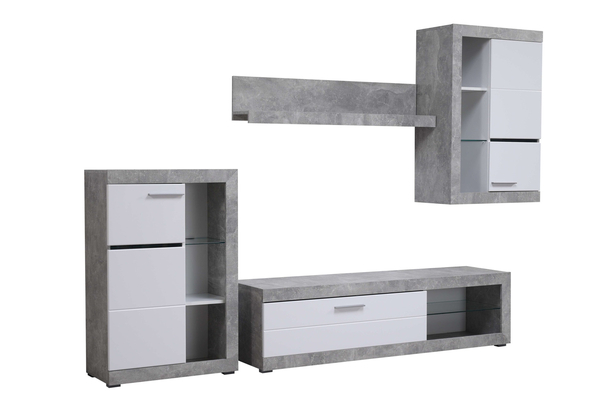 Wohnzimmer-Set INOSIGN "Rosso Wohnwand, Mediawand, Anbauwand, für TV bis 60', Breite 267 cm", grau (beton), B:266,5cm H:186cm T:41,5cm, Glas, Kunststoff, MDF, Metall, Spanplatte, Kastenmöbel-Sets, Set besteht aus Highboard, TV-board, Wandregal und...