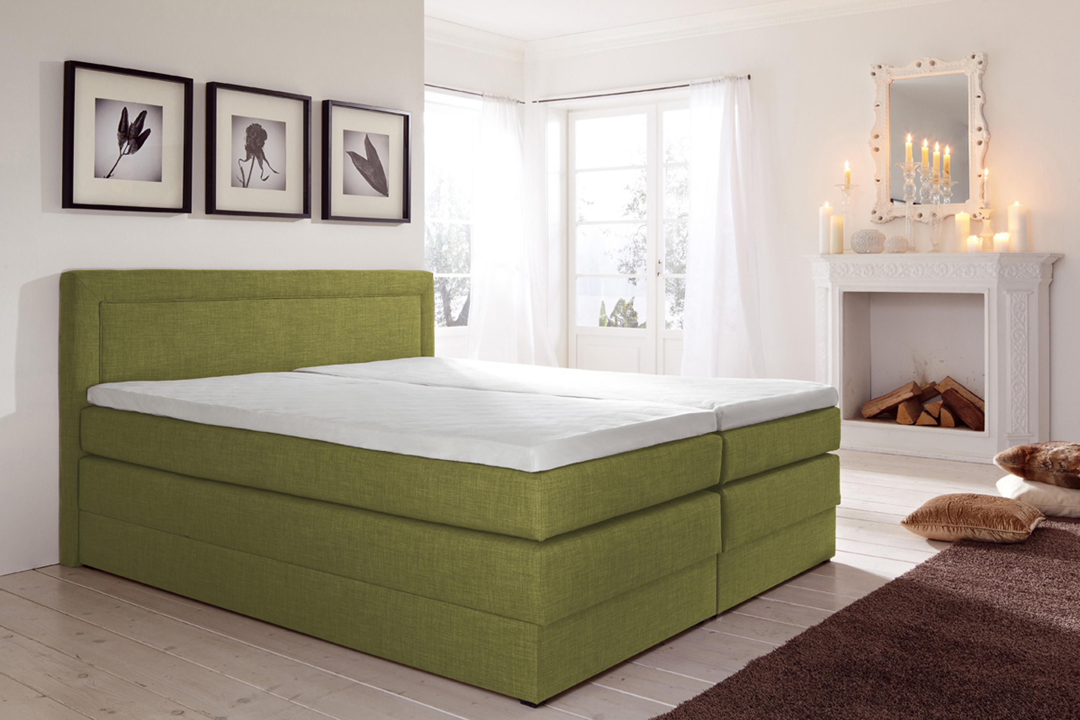Boxspringbett HAPO, grün, Liegefläche B/L: 160cm x 200cm, kein Härtegrad, 7-Zonen-Kaltschaummatratze, Kopfteil, seitliche Unterbox und Obermatratze sind mit pflegeleichtem Feinstrukturstoff in Leinenoptik (100% Polyester) bezogen;Die Oberseite der... Image