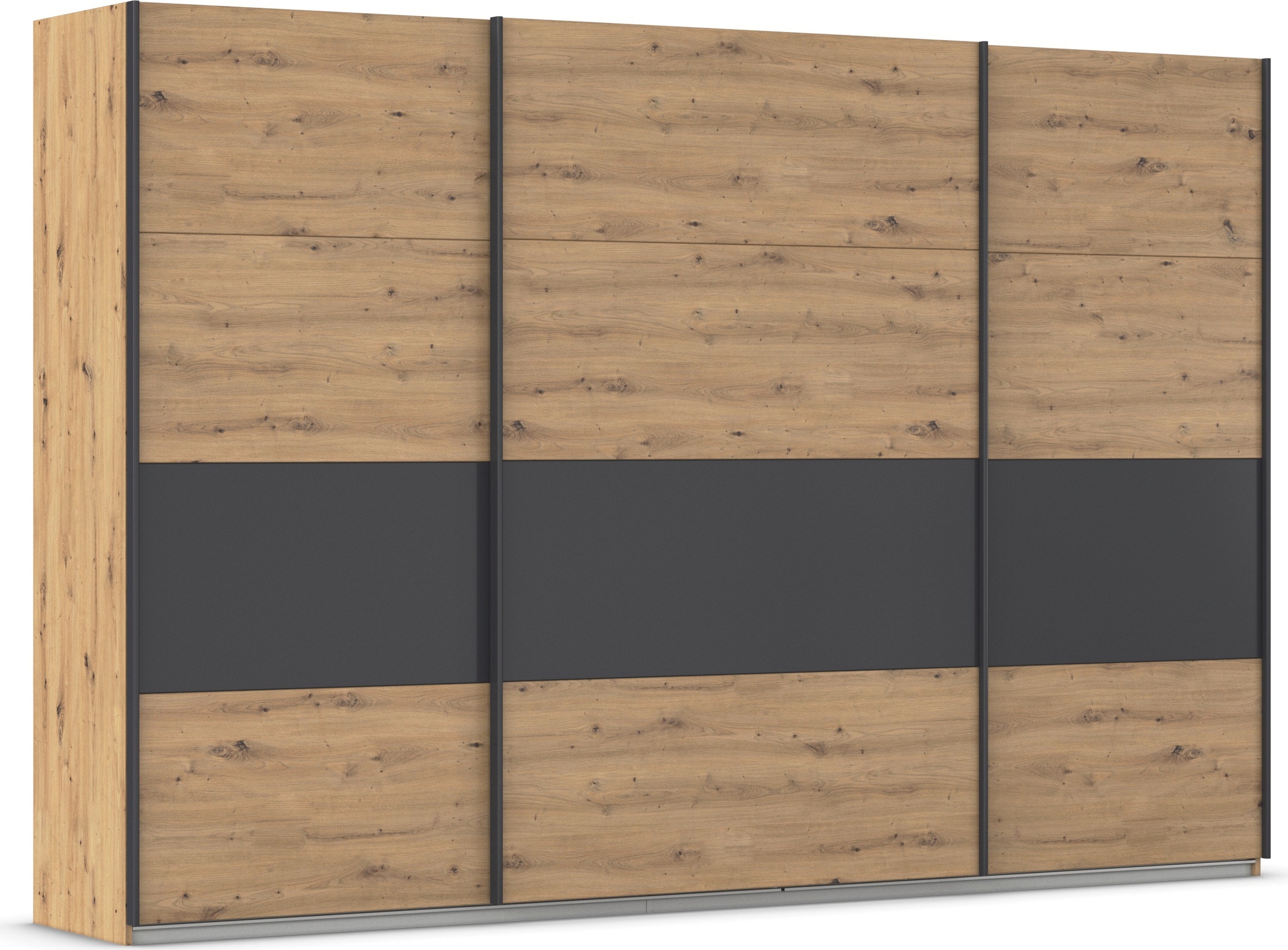 Schwebetürenschrank RAUCH "Schwebetürenschrank Kleiderschrank Schrank Garderobe CORTONA", grau (eiche artisan, graumetallic), B:315cm H:210cm T:62cm, Holzwerkstoff, Schränke, inkl. Inneneinteilung, 2 Stoffboxen und zusätzlichen Einlegeböden