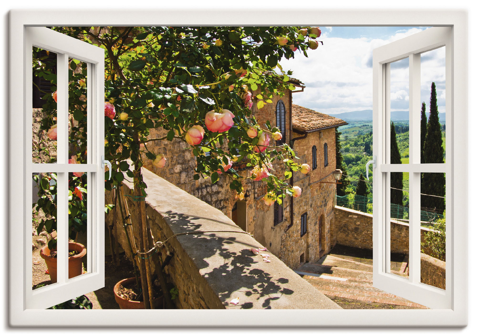 Wandbild ARTLAND "Fensterblick Rosen auf Balkon Toskana", weiß (farbe bild(er): weiß), B:130cm H:90cm, Bilder, als Alubild, Outdoorbild, Leinwandbild, Poster, Wandaufkleber Image