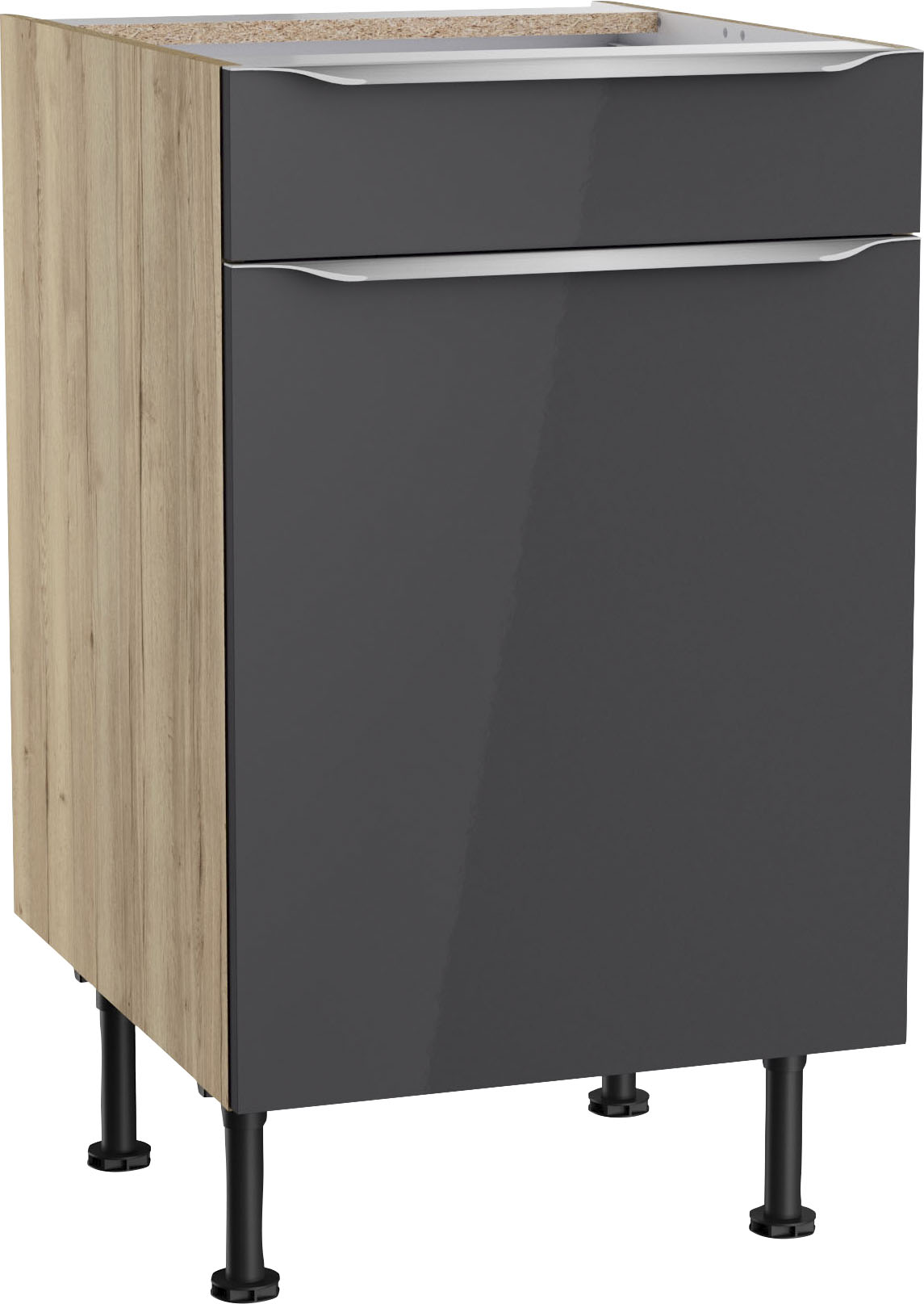 Unterschrank KOCHSTATION "KS-Aken", grau (anthrazit hochglanz, wildeiche nachbildung), B:50cm H:87cm T:58,4cm, Schränke, Küchenunterschrank