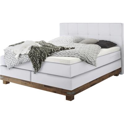 Boxspringbett HASENA "Boston", weiß (weiß, akazie grau), B:148cm L:210cm, Komplettbetten, Boxspringbett, Massivholz-Sockel, Punktsteppung im Kopfteil, Federkernmatratze Image