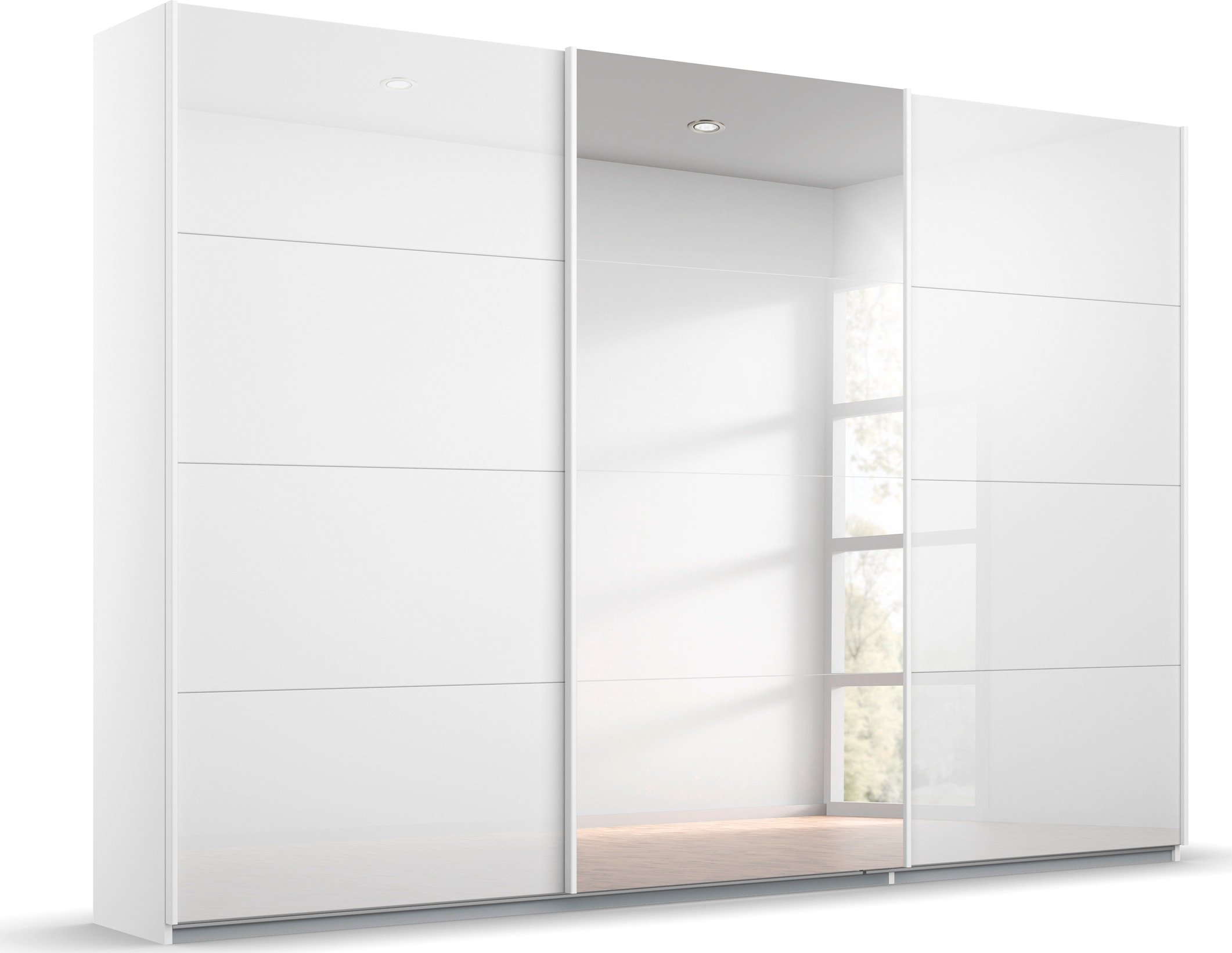 Schwebetürenschrank RAUCH "Kleiderschrank Schrank Garderobe KOLUNA mit Glastüren und Spiegel", weiß (alpinweiß, glas kristallweiß), B:271cm H:229cm T:62cm, Holzwerkstoff, Schränke, inkl. 2 Innenschubladen sowie extra Einlegeböden MADE IN GERMANY Image