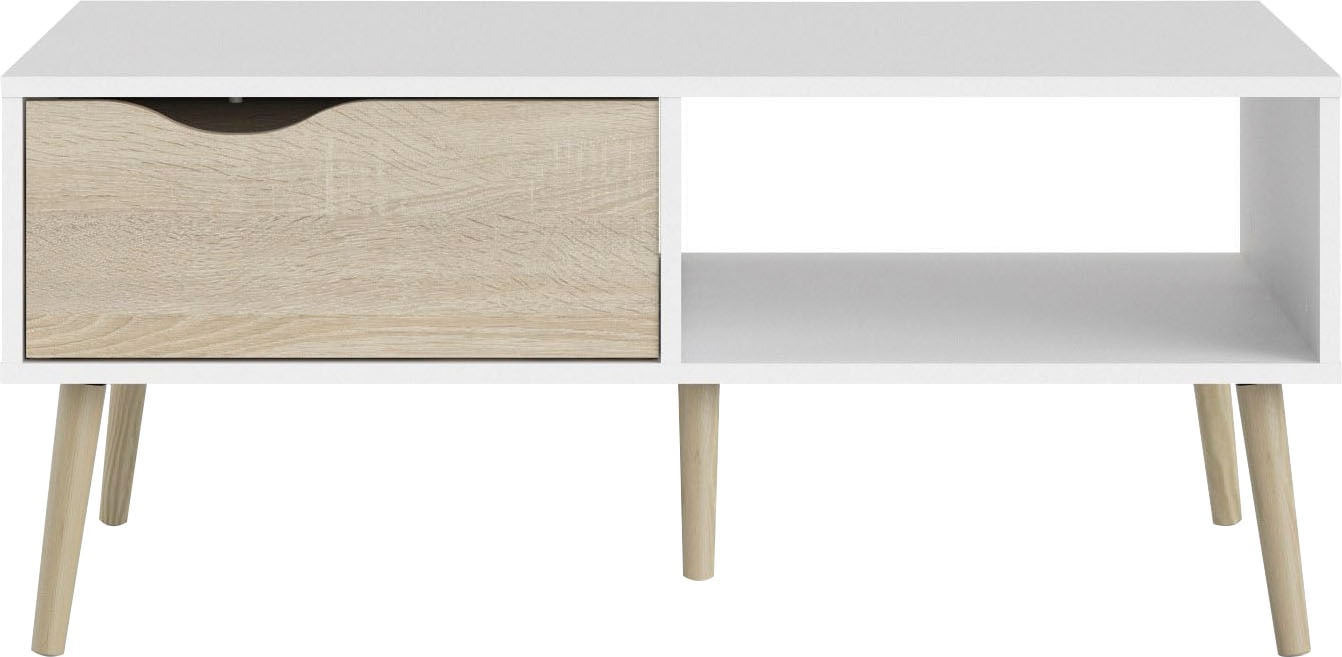 Couchtisch ANDAS "Oslo, Beistelltisch, Sofatisch, Coffeetable, Wohnzimmertisch", weiß (weiß, eichefarben), B:98,7cm H:43,3cm T:60,2cm, Tische, mit 2 Ebenen, 1 Schublade, 1 offenes Fach, Breite 99 cm