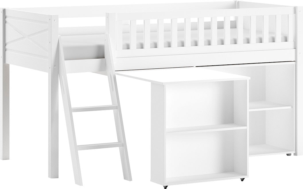 Spielbett VIPACK, weiß, B:134,7cm H:114cm L:206,7cm, Das Bett ist Kiefer massiv;Die Beimöbel MDF, Betten, mit viel Funktion auf kleinem Raum, LF 90x200 cm, Kiefer weiß lackiert