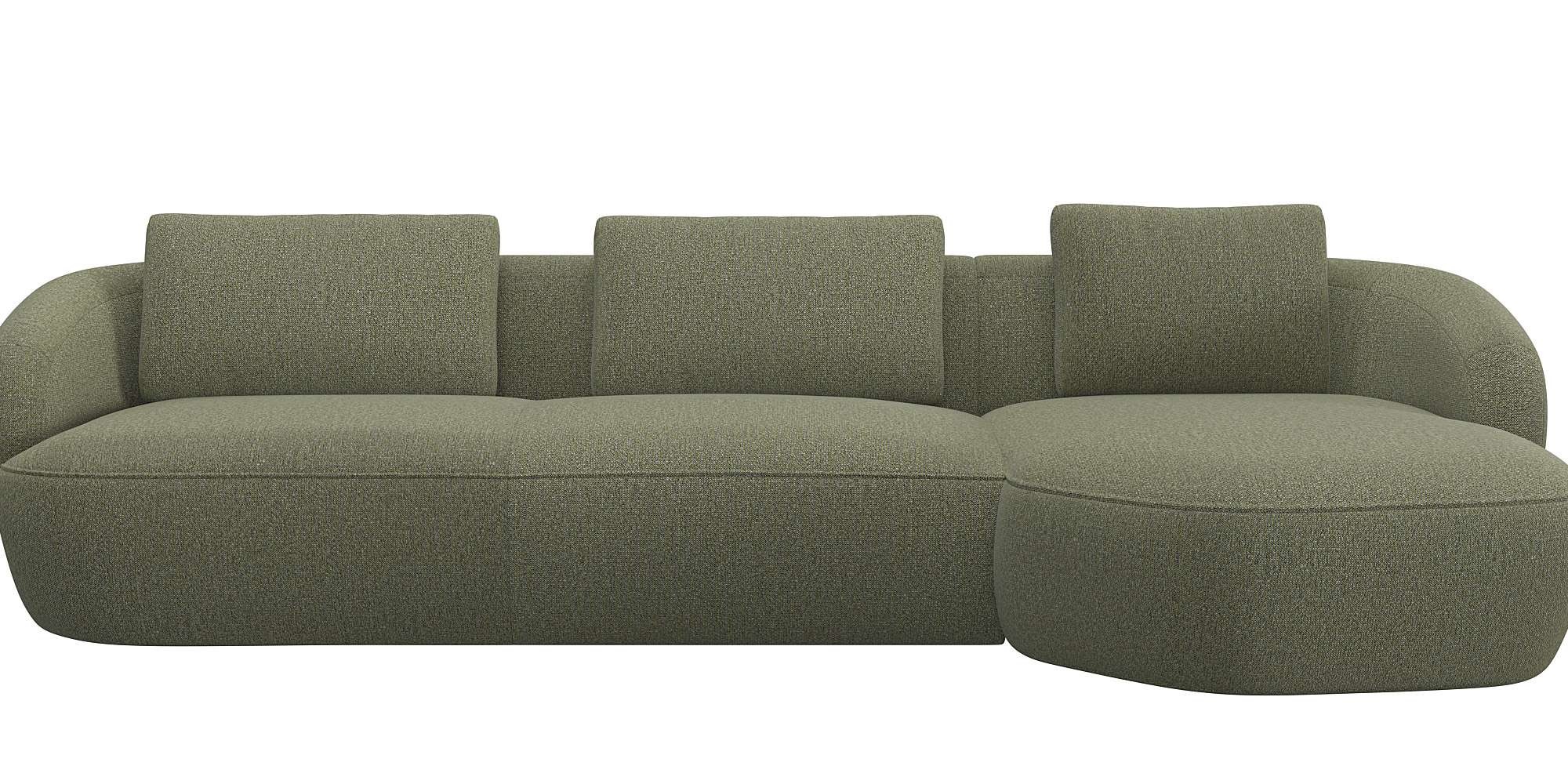 Wohnlandschaft FLEXLUX "Torino, rund, L-Form, Sofa-Ecke mit Recamiere, Longchair-Sofa", grün (moss), B:307cm H:85cm T:146cm, 100% Polyester, Sofas, Modernes, organisches Sofa-Design, Kaltschaum, Wellenunterfederung