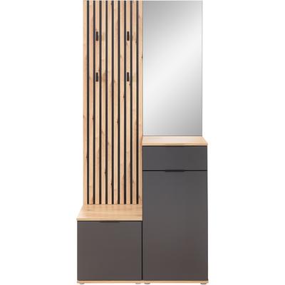 Kompaktgarderobe HBZ "Simple mit Spiegel, Flurgarderobe BxHxT 88x195x35 cm", schwarz (anthrazit, anthrazit lamellen artisan), B:88cm H:195cm T:35cm, Holzwerkstoff, Schränke, mit Bank, Paneel, Schuhkommode mit Schubkasten und Spiegel Image