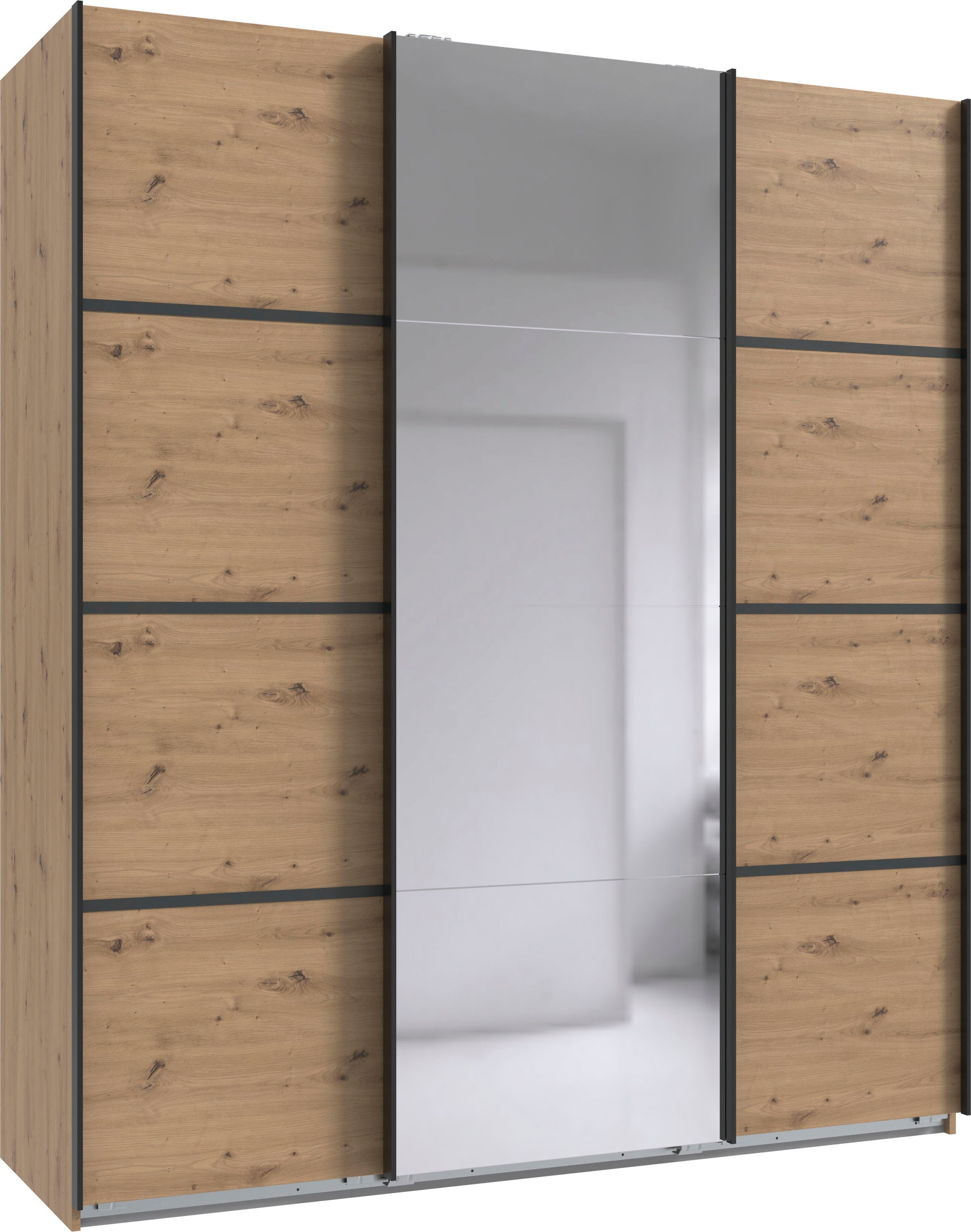 Schwebetürenschrank WIMEX "Jork Kleiderschrank mit Spiegel, schwarze Metallgriffe", braun (artisan, eiche, nachbildung, abgesetzt graphit), B:180cm H:208cm T:65cm, Holzwerkstoff, Spanplatte, Schränke, Schwebetürenschrank, Schrank in verschiedenen...