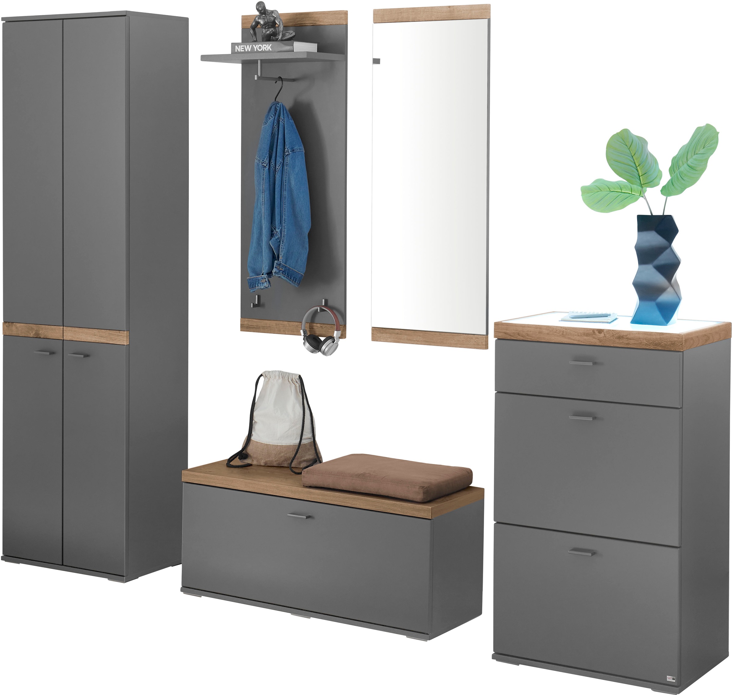 Kompaktgarderobe "Lancaster Dielen", bunt (grau), B:240cm H:206cm T:37,2cm, SET ONE BY MUSTERRING, Schränke, bestehend aus 5 Teilen, in zwei Farben erhältlich, Gesamtbreite 240 cm