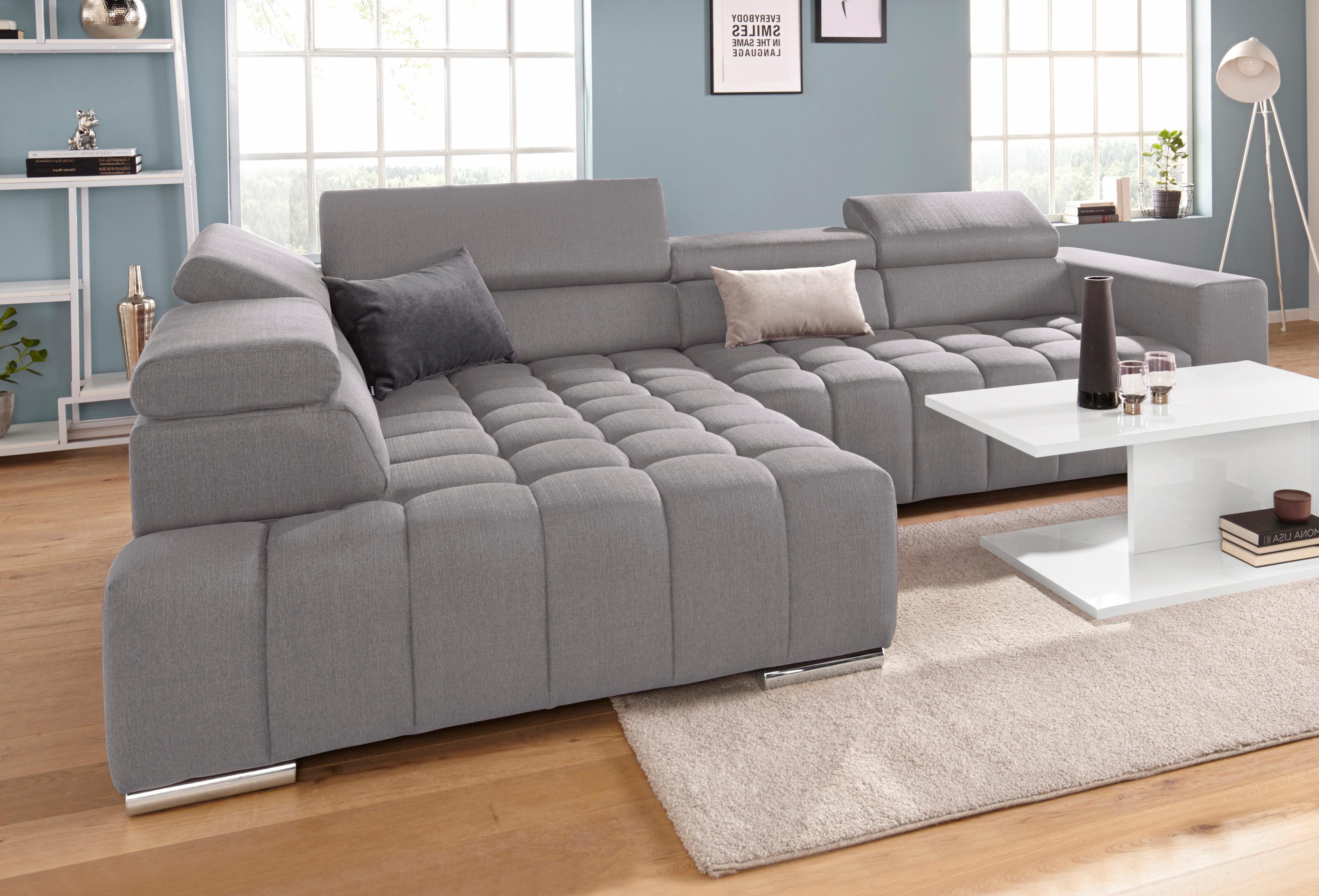 Ecksofa EXXPO - SOFA FASHION "Elias, aktuelle Kreuzsteppung im Sitz, bequem, Breite 307cm, L-Form", silber, B:307cm H:94cm T:201cm, Struktur ( 100% Polyester), Sofas, Ecksofa, mit Kopf- bzw. Rückenverstellung, wahlweise mit Bettfunktion